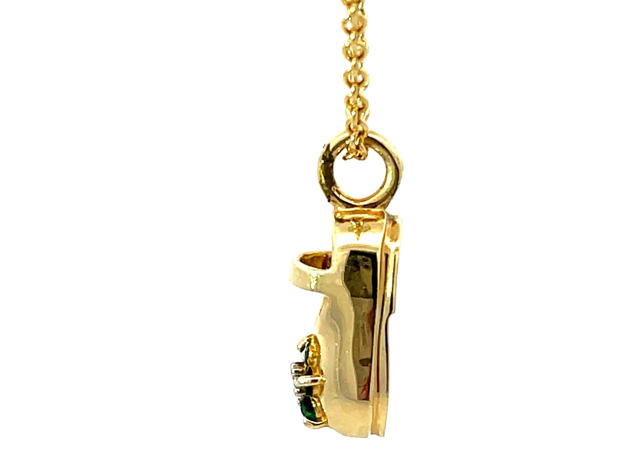 Emerald Diamond Flower Shoe Pendant Necklace Solid 14K Yellow Gold