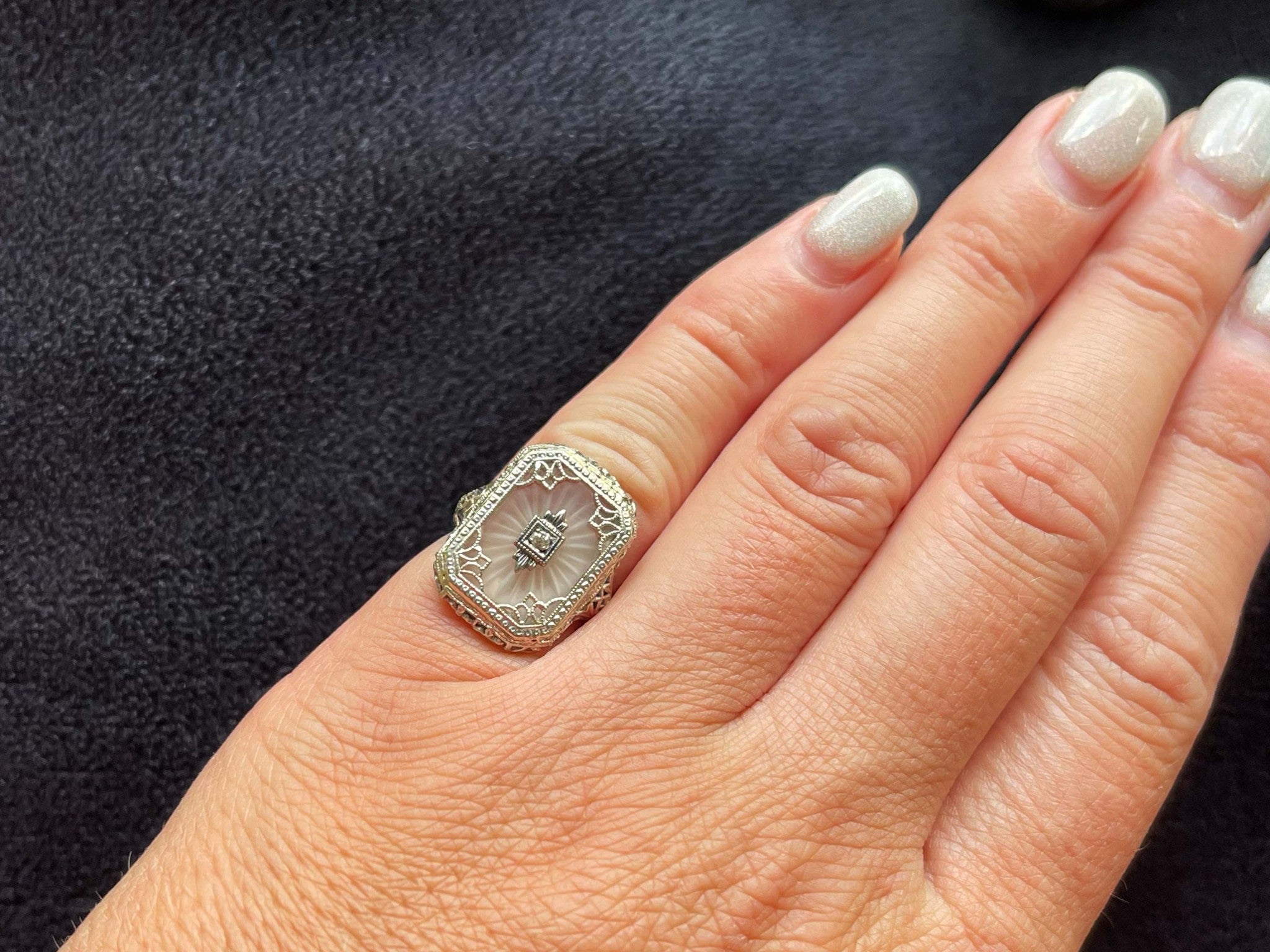 Art Deco Filigree Carved Rock Crystal Diamond Ring in 14k White Gold