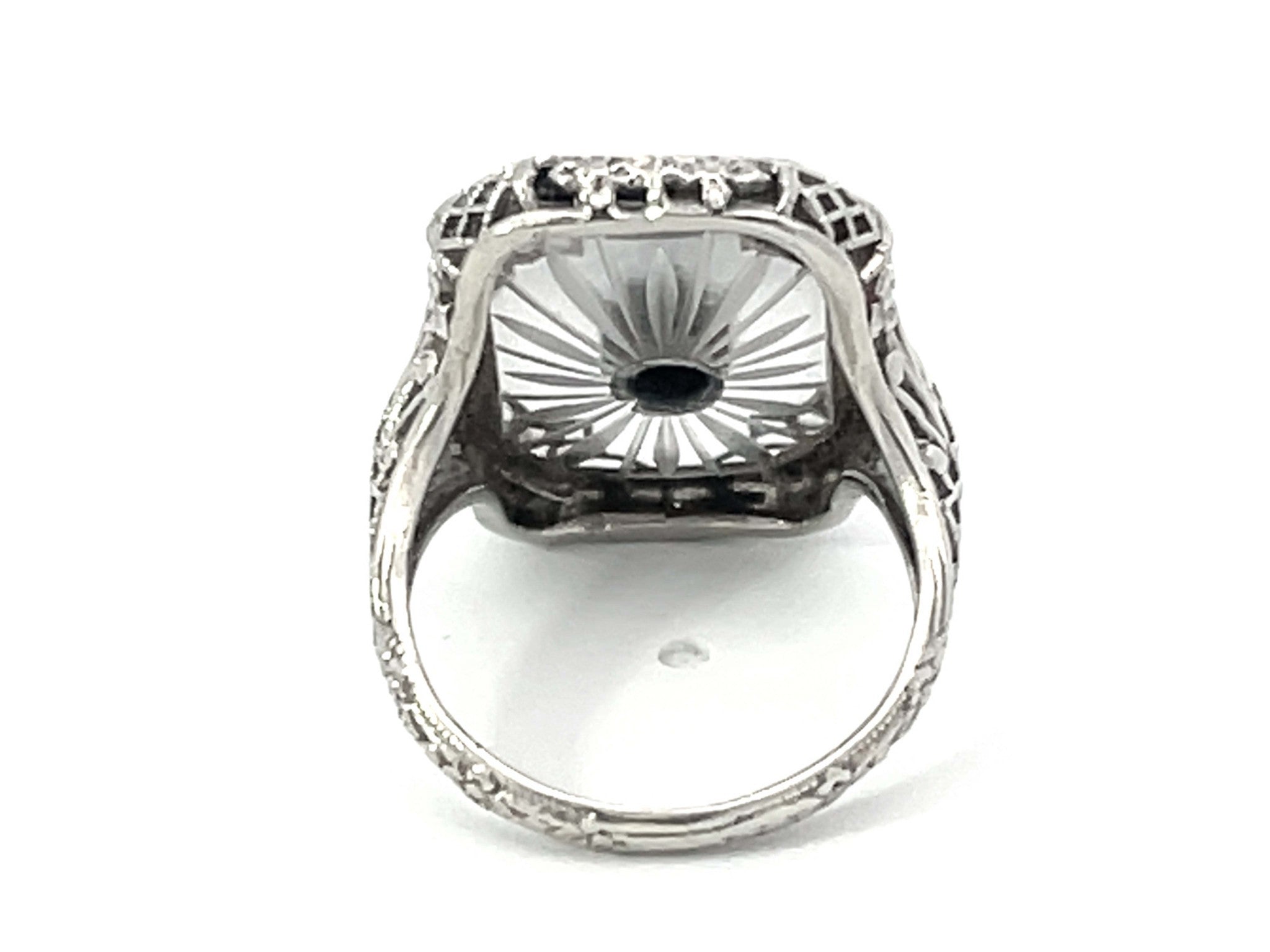 Art Deco Filigree Carved Rock Crystal Diamond Ring in 14k White Gold