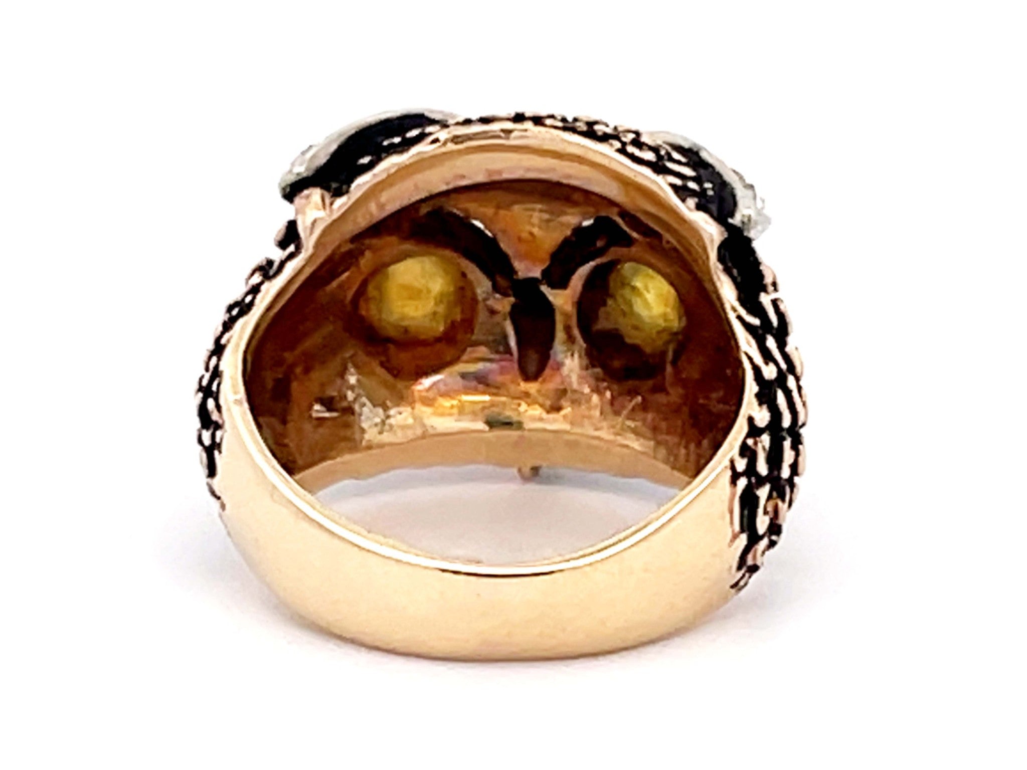 Vintage Owl Cats Eye Chrysoberyl Diamond Enamel Ring 14K Yellow Gold