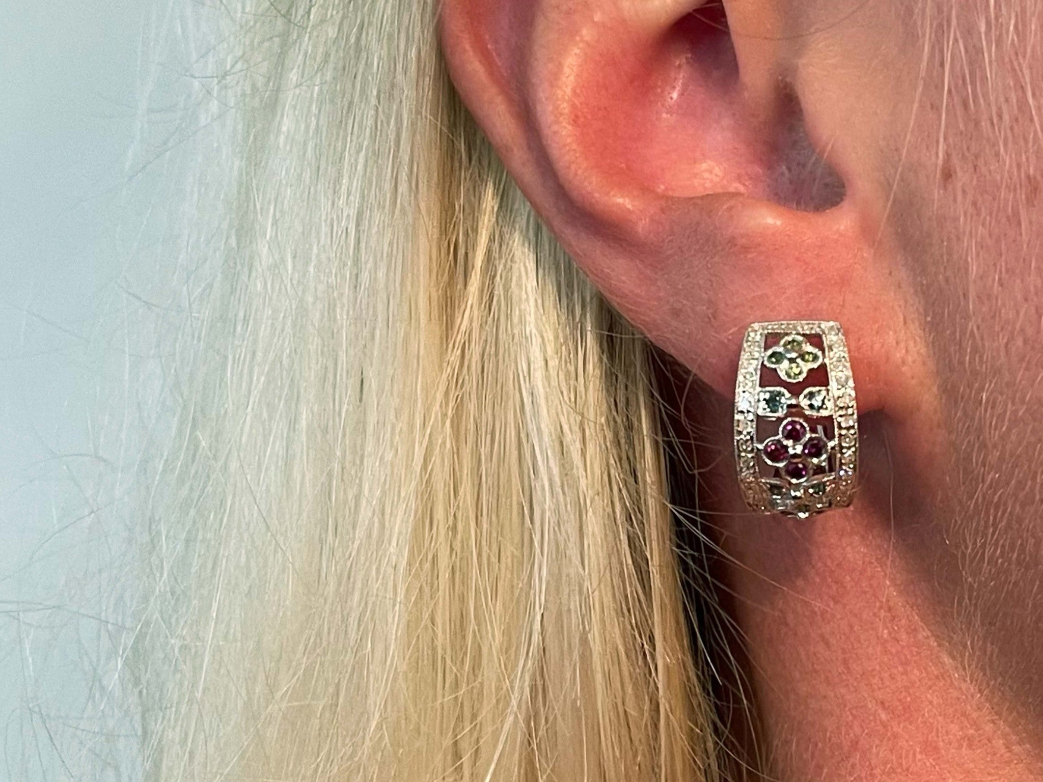 Colored Diamond Hoop Earrings in 14K White Gold