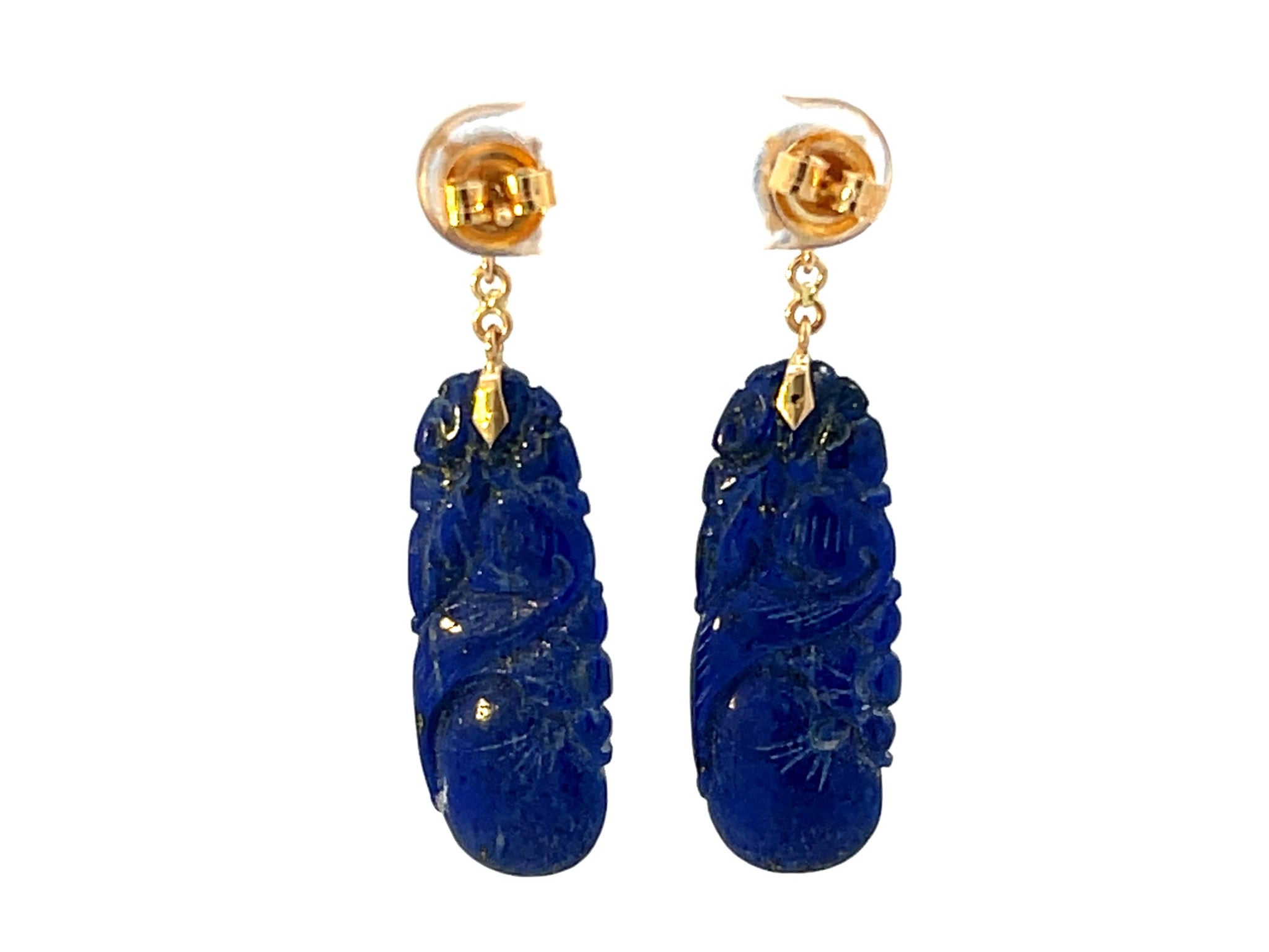 Carved Dangly Lapis Lazuli 14K Yellow Gold Earrings
