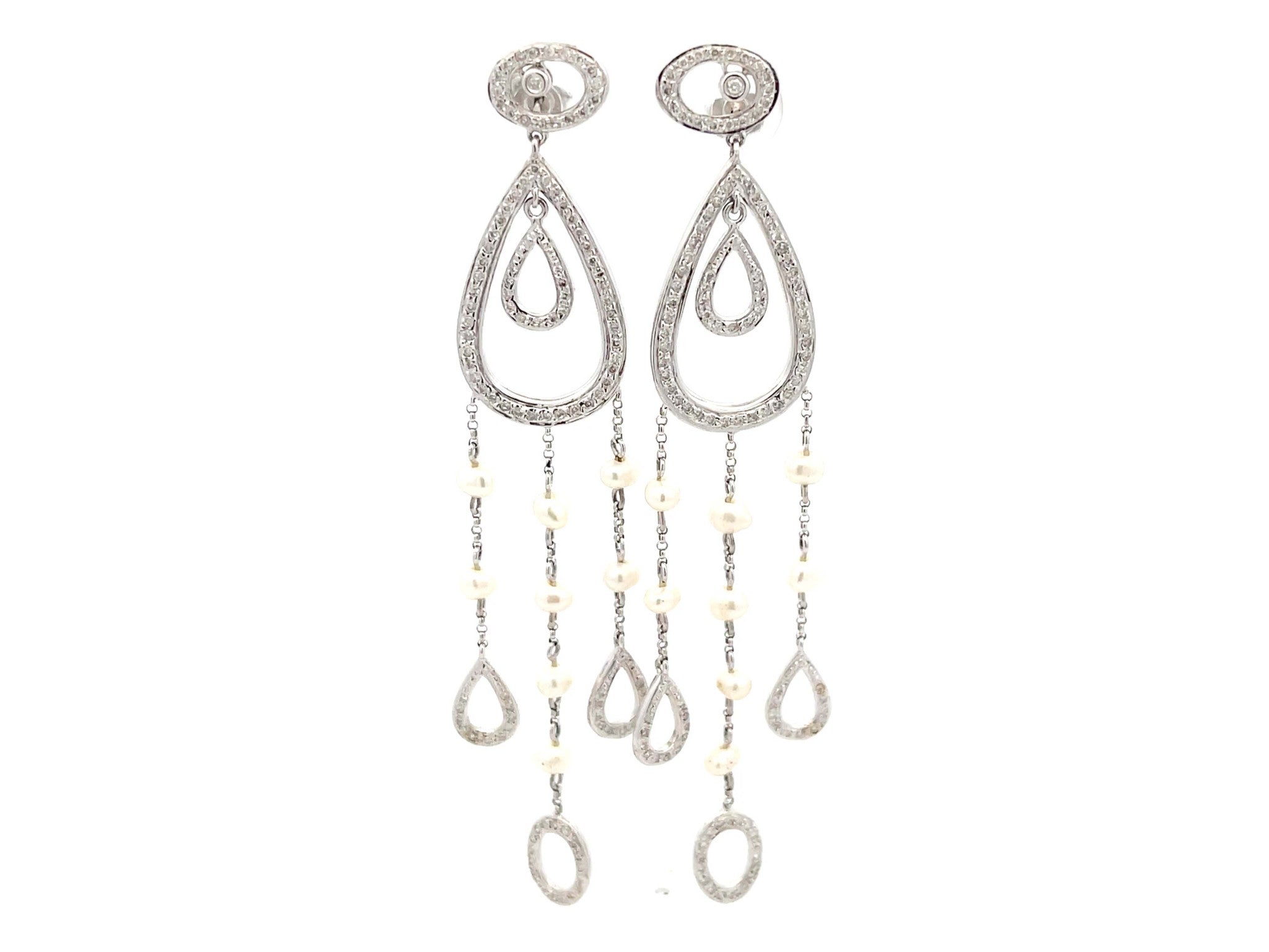 Diamond Pear Shaped Dangly Pearl Drop Earrings in 14k White Gold