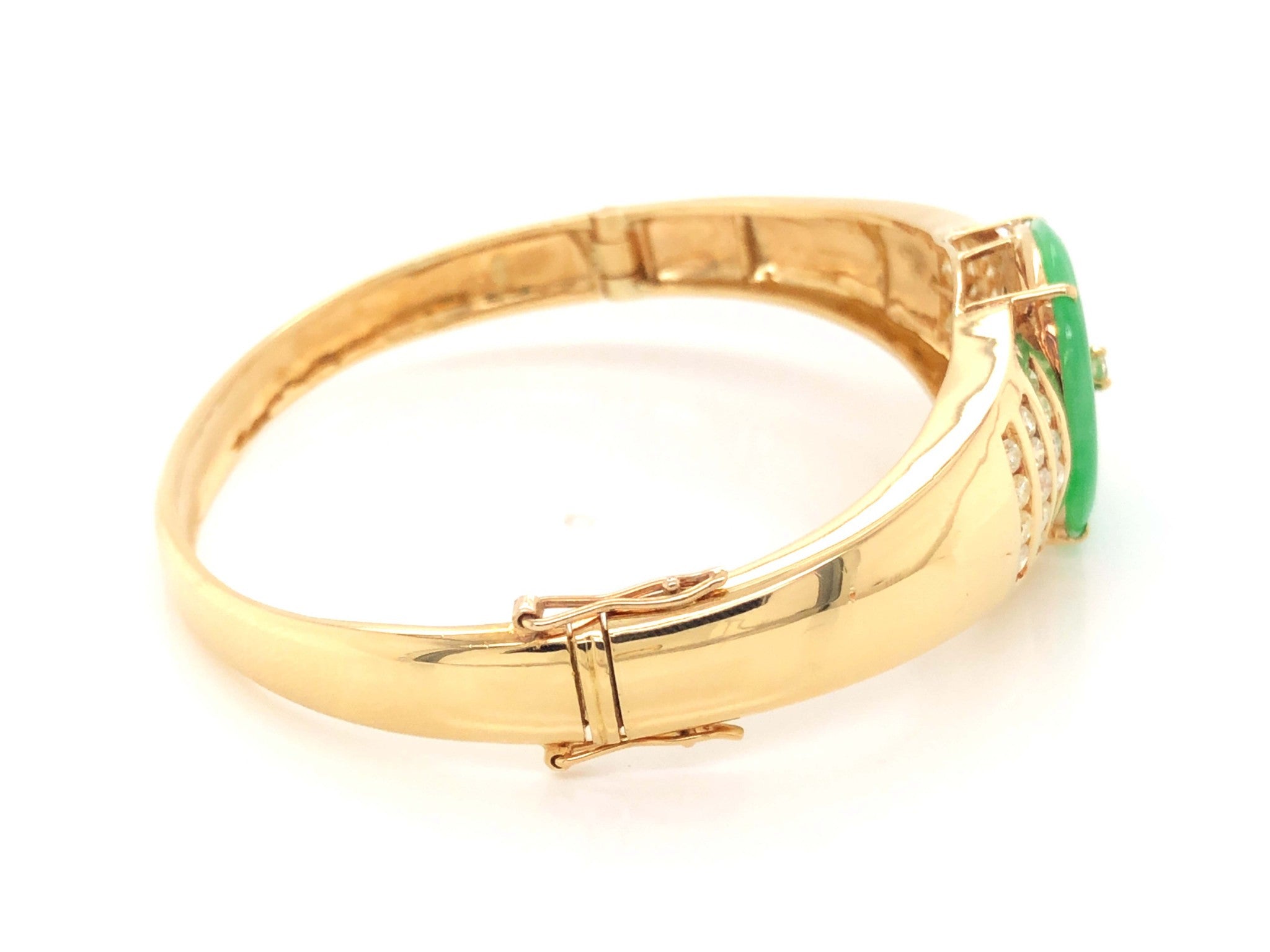Green Jadeite Jade and Diamond Hinged Bangle Bracelet in 18k Yellow Gold