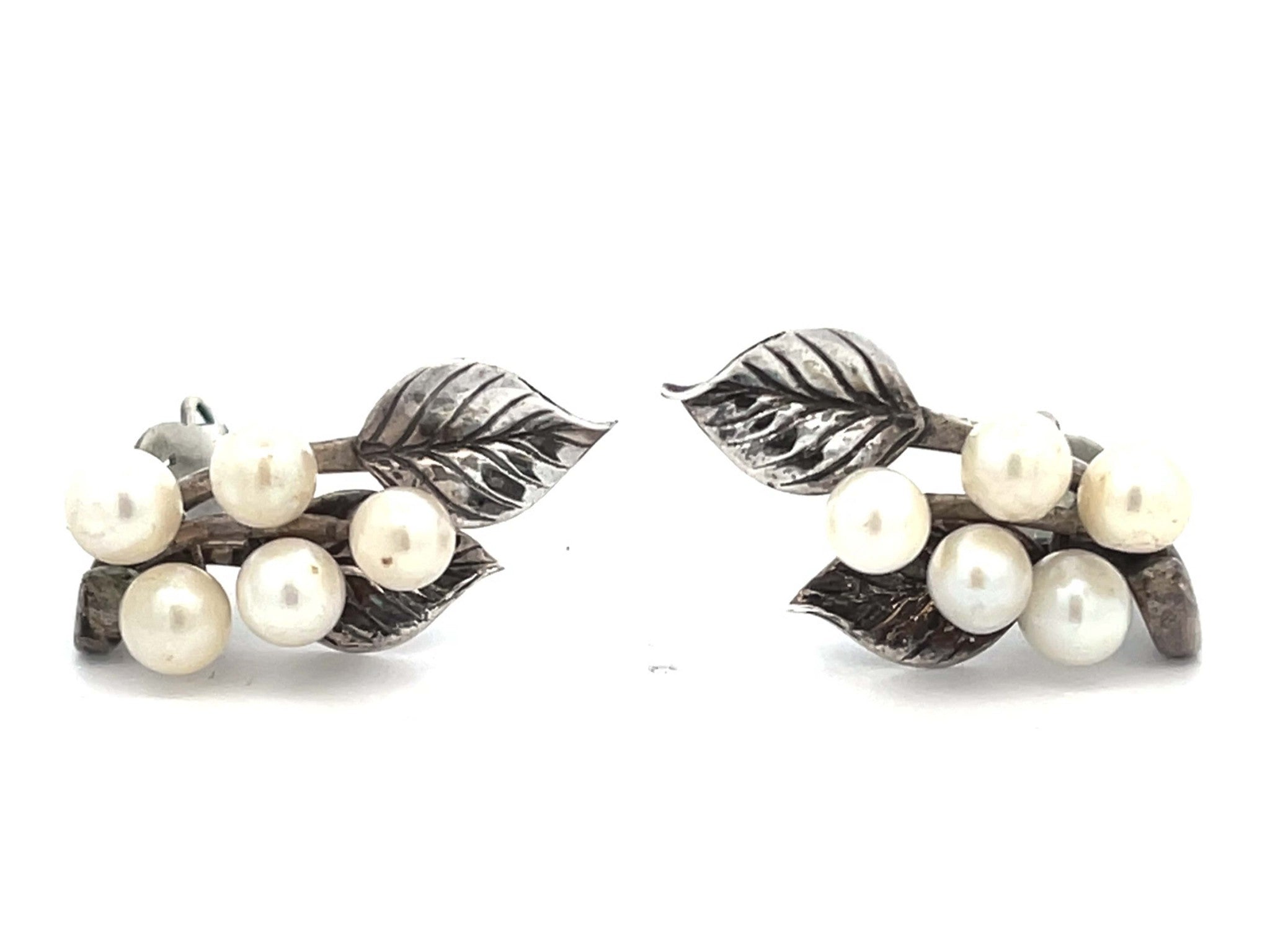 Mings Pearl Leaf Clip on Earrings in Sterling Silver