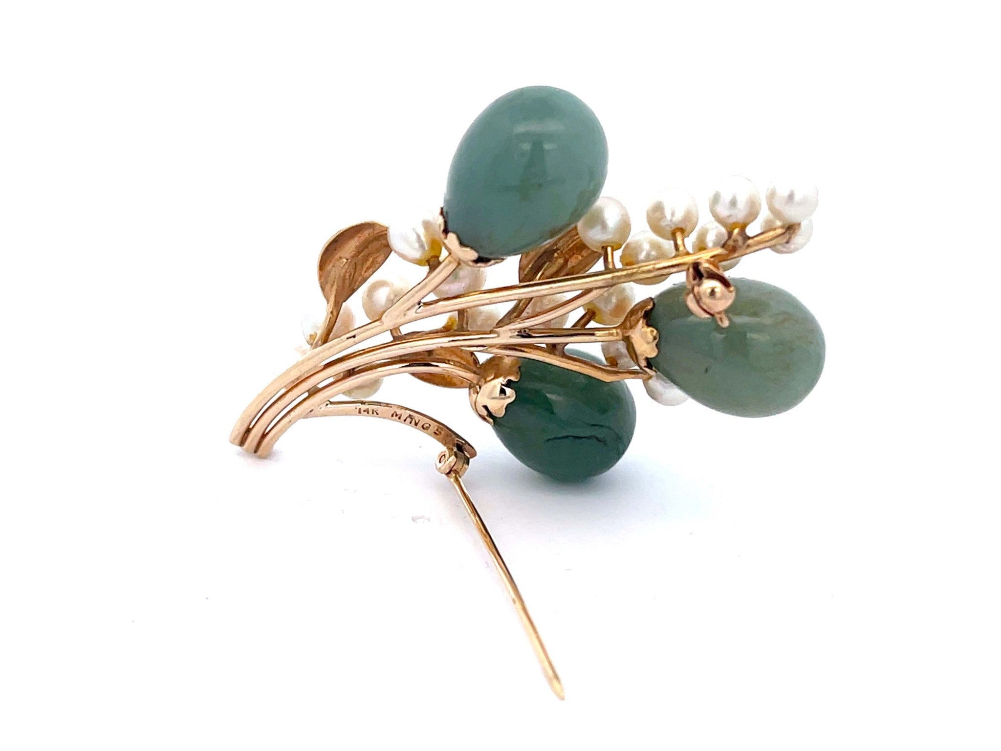 Mings Oval Jade Droplets Leaf and Pearl Brooch in 14k Yellow Gold