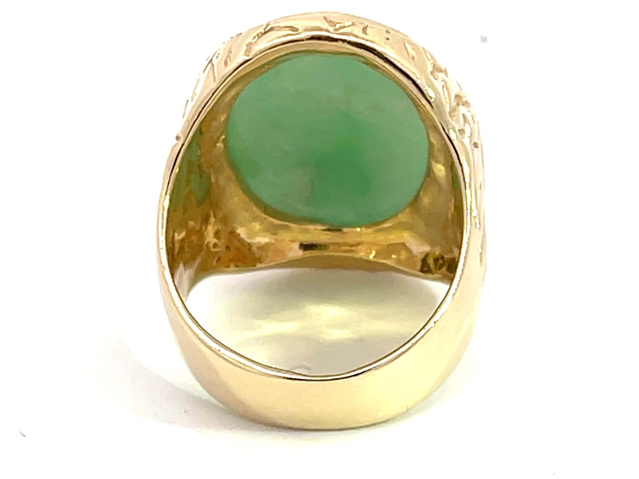 Oval Cabochon Green Jade Ring with Textured Bark Shoulders in 14K Yellow Gold