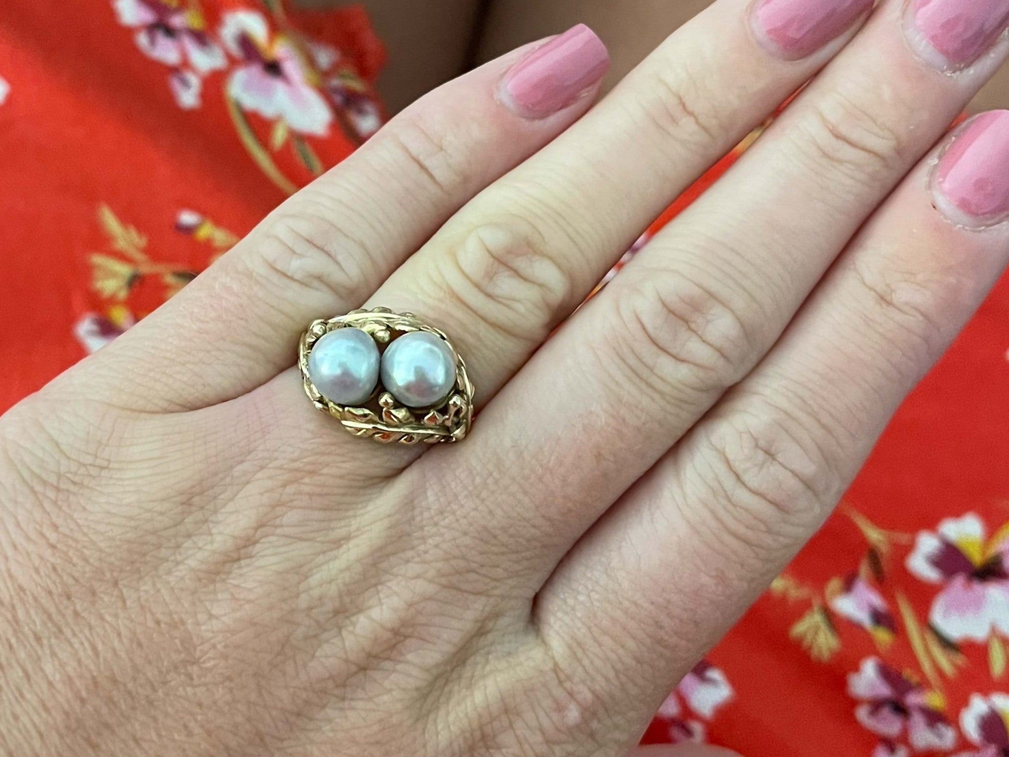 Mings Two Baroque Pearl and Leaf Design Ring in 14k Yellow Gold