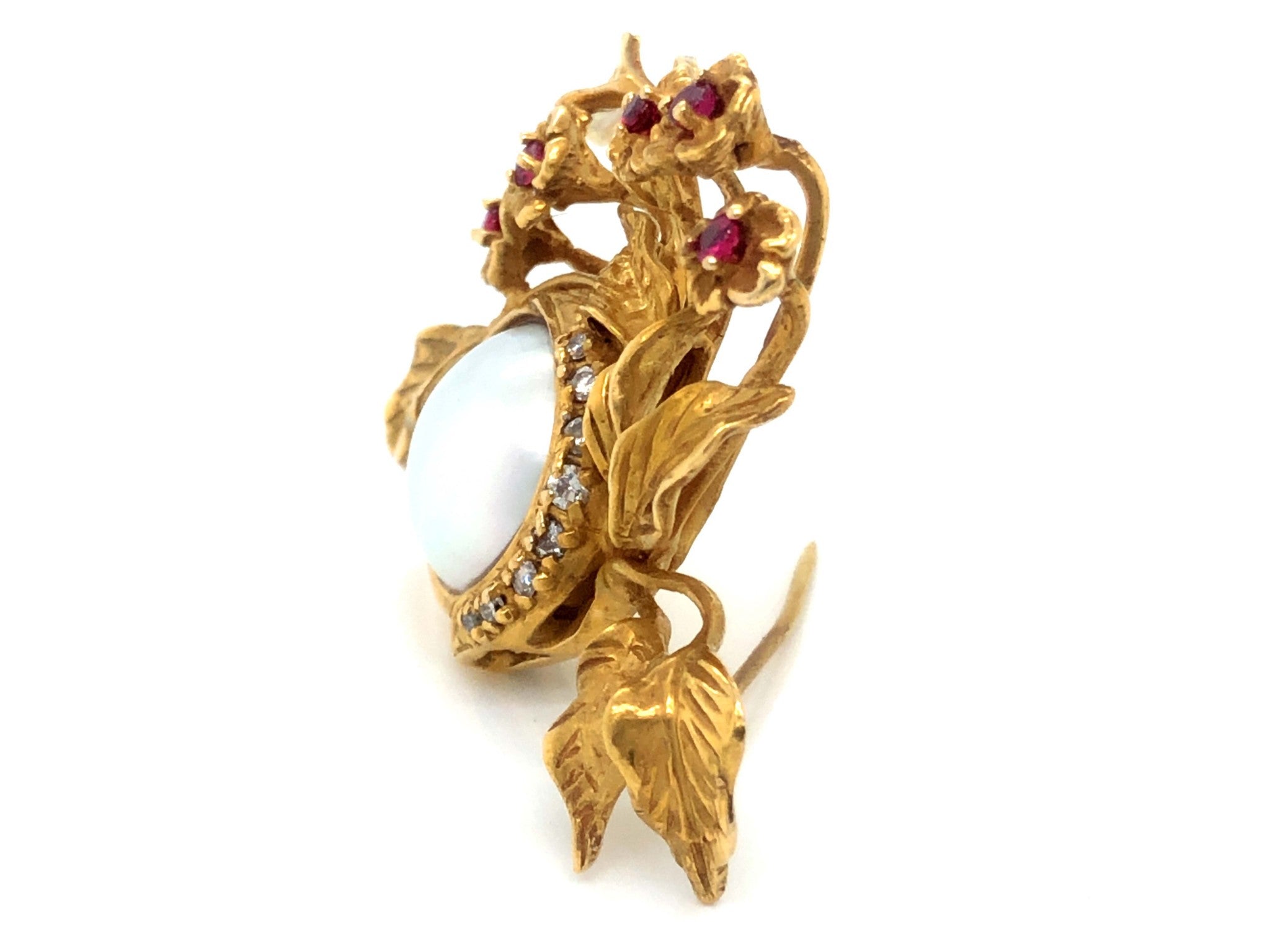 Givenchy Diamond, Ruby and Mabe Pearl Brooch in 14k Yellow Gold