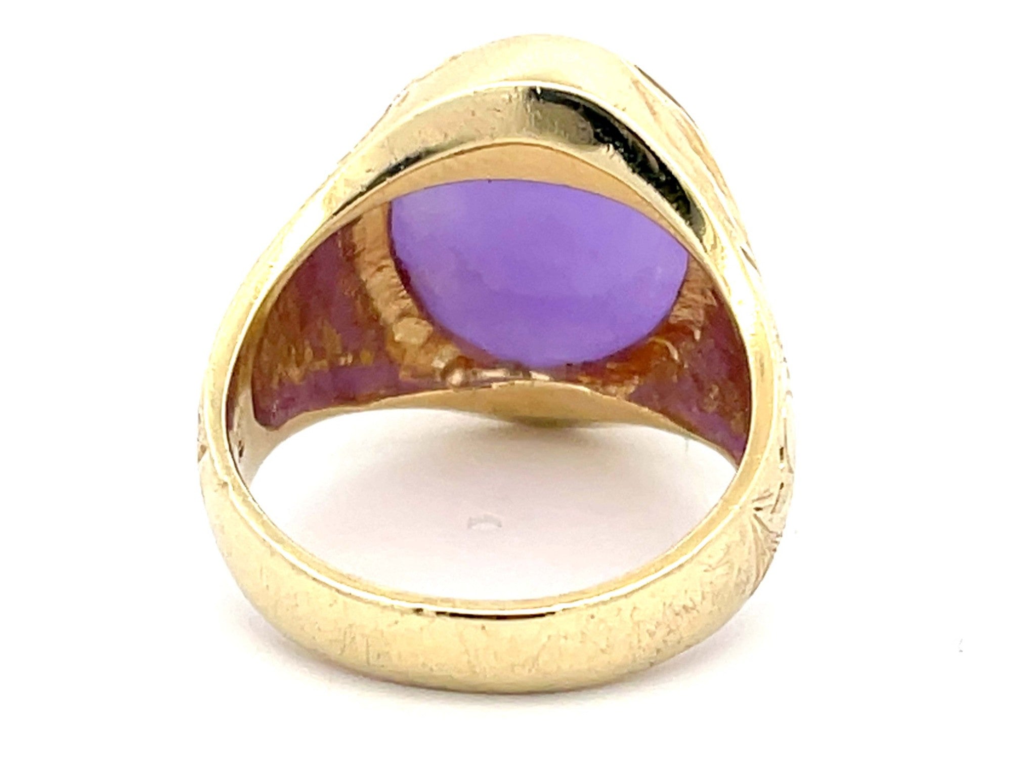 Purple Jade Cabochon Ring with Leaf Design in 14k Yellow Gold