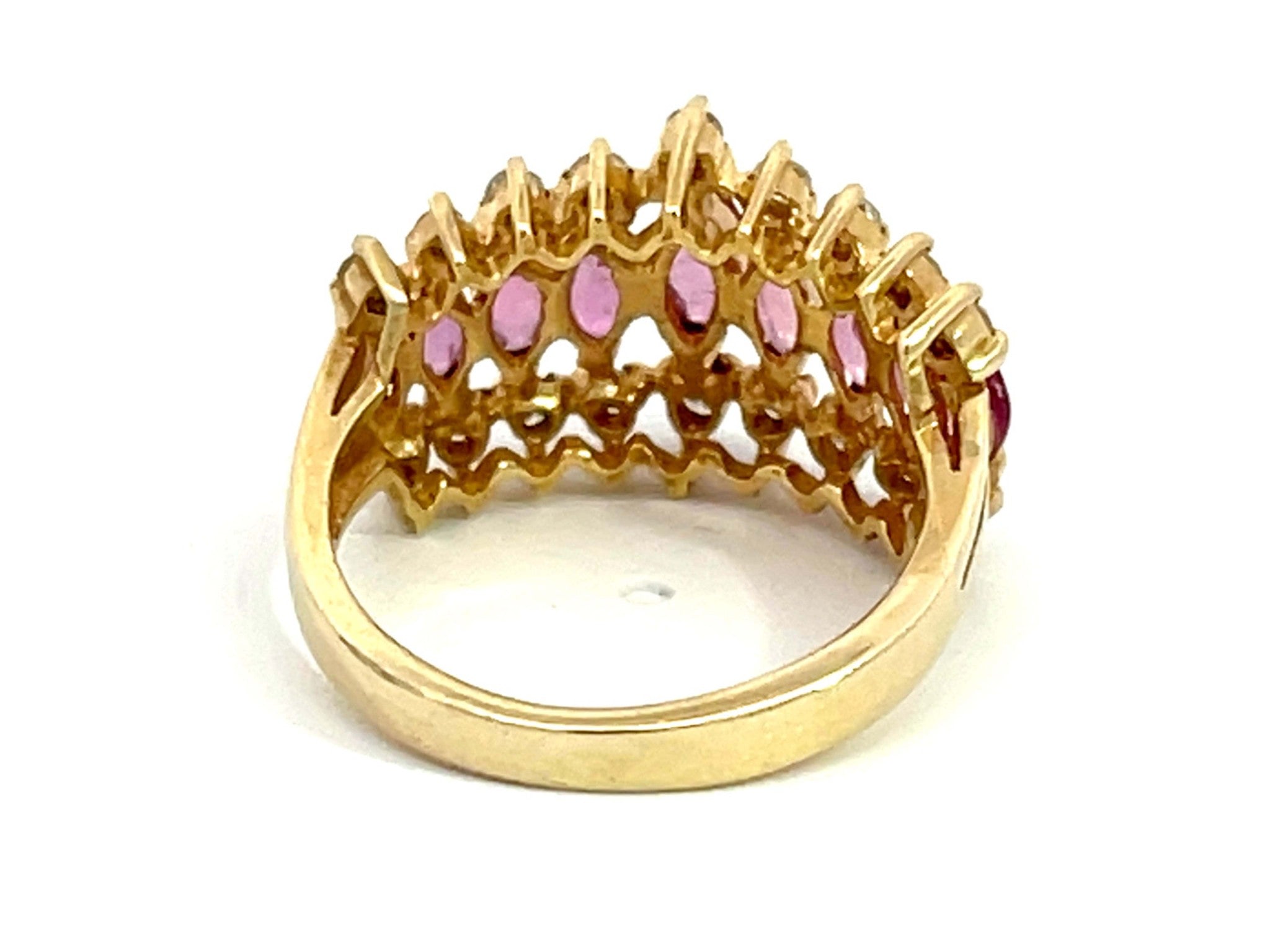 Marquise Ruby and Diamond Border Triple Row Ring in 14k Yellow Gold