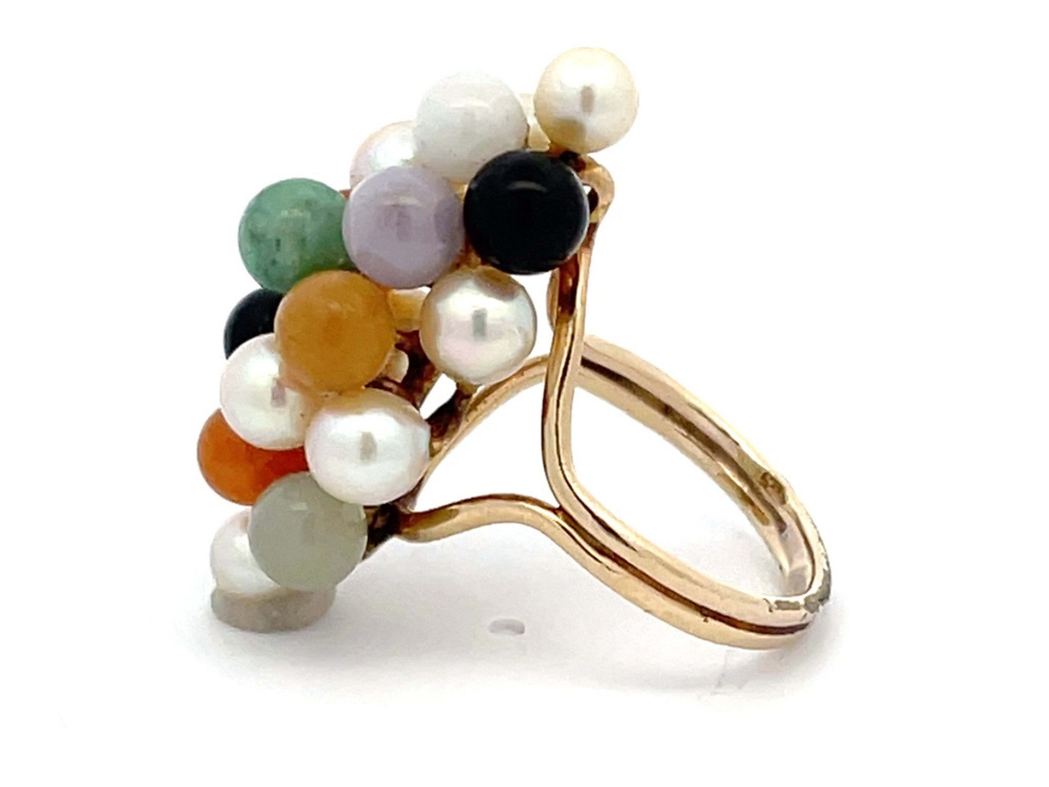 Mings Colorful Jade and Pearl Cluster Ring in 14k Yellow Gold