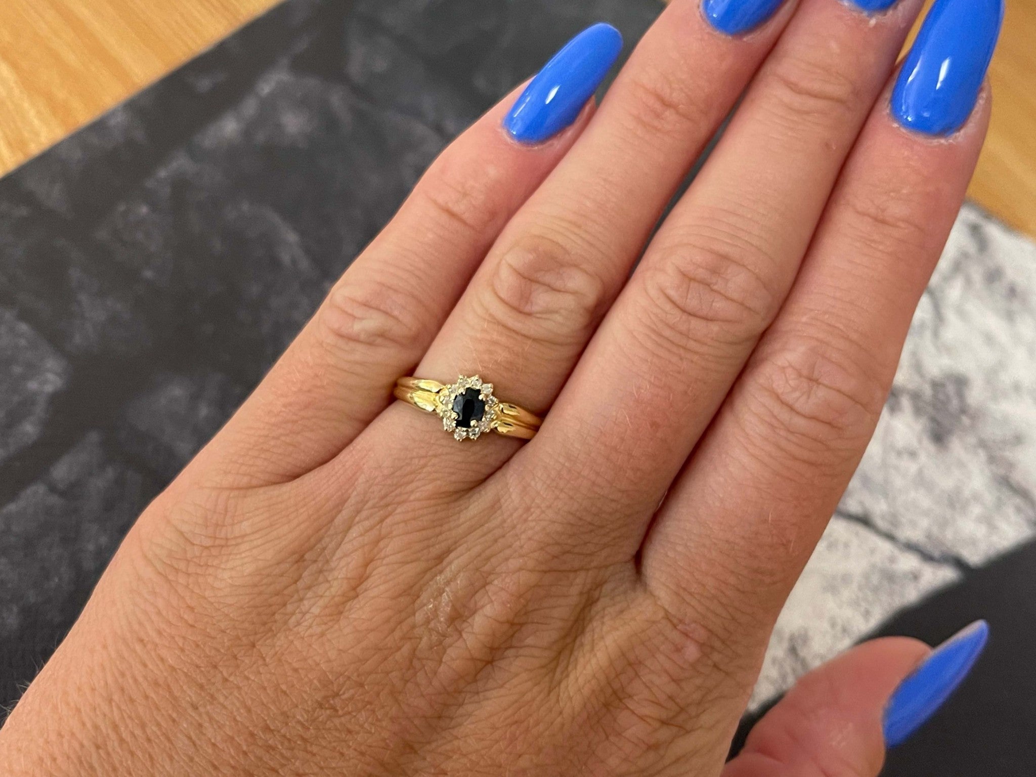 Blue Sapphire Diamond Halo Ring in 14k Yellow Gold