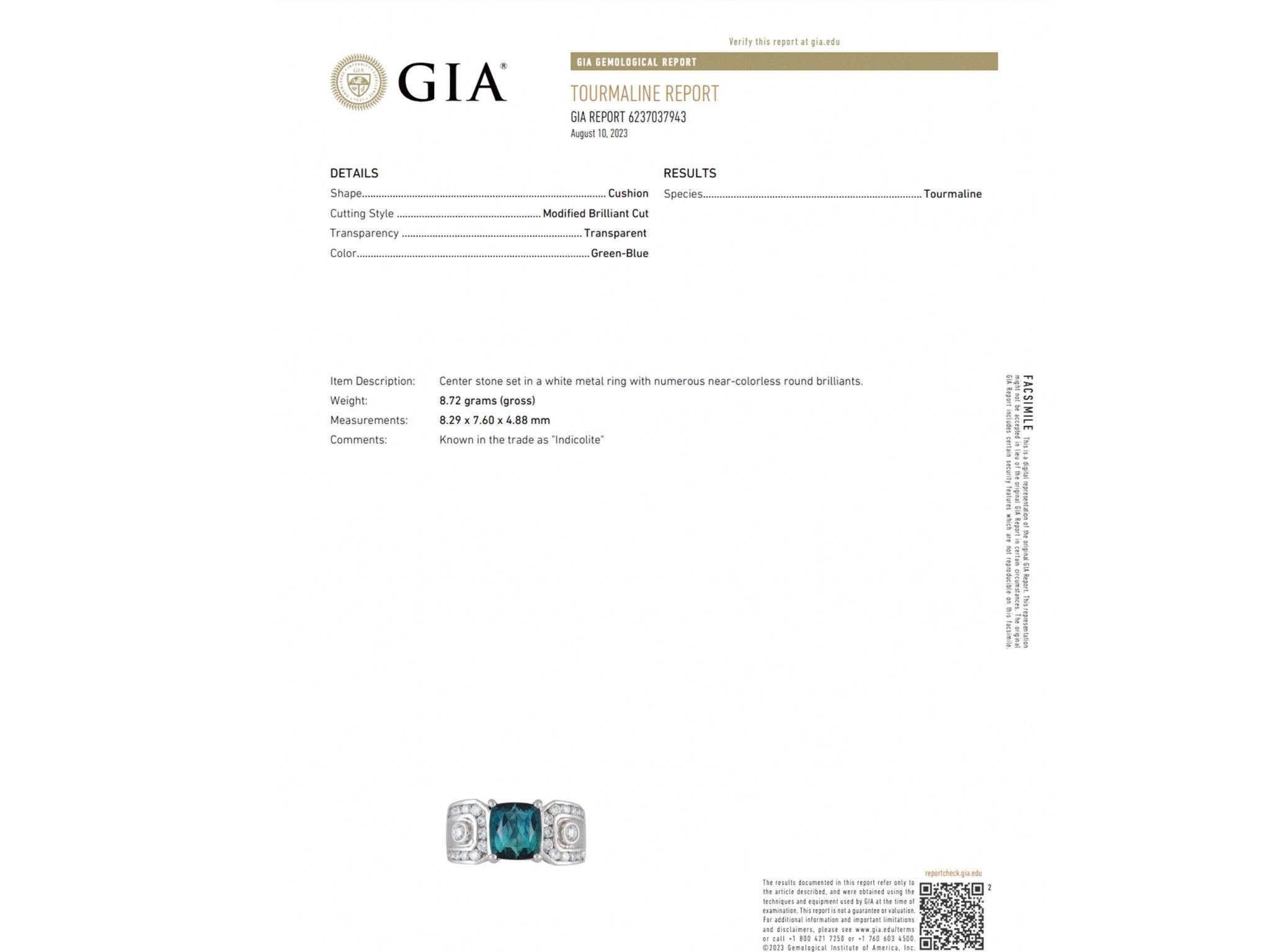 GIA Indicolite Tourmaline and Diamond Ring 14k White Gold