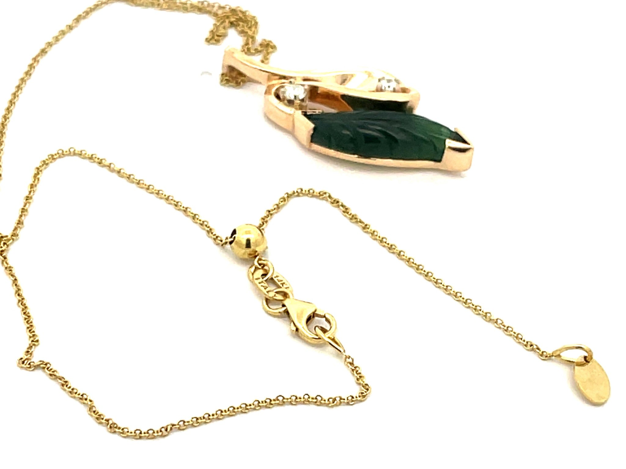 Green Agate Leaf and Diamond Necklace 14K Yellow Gold