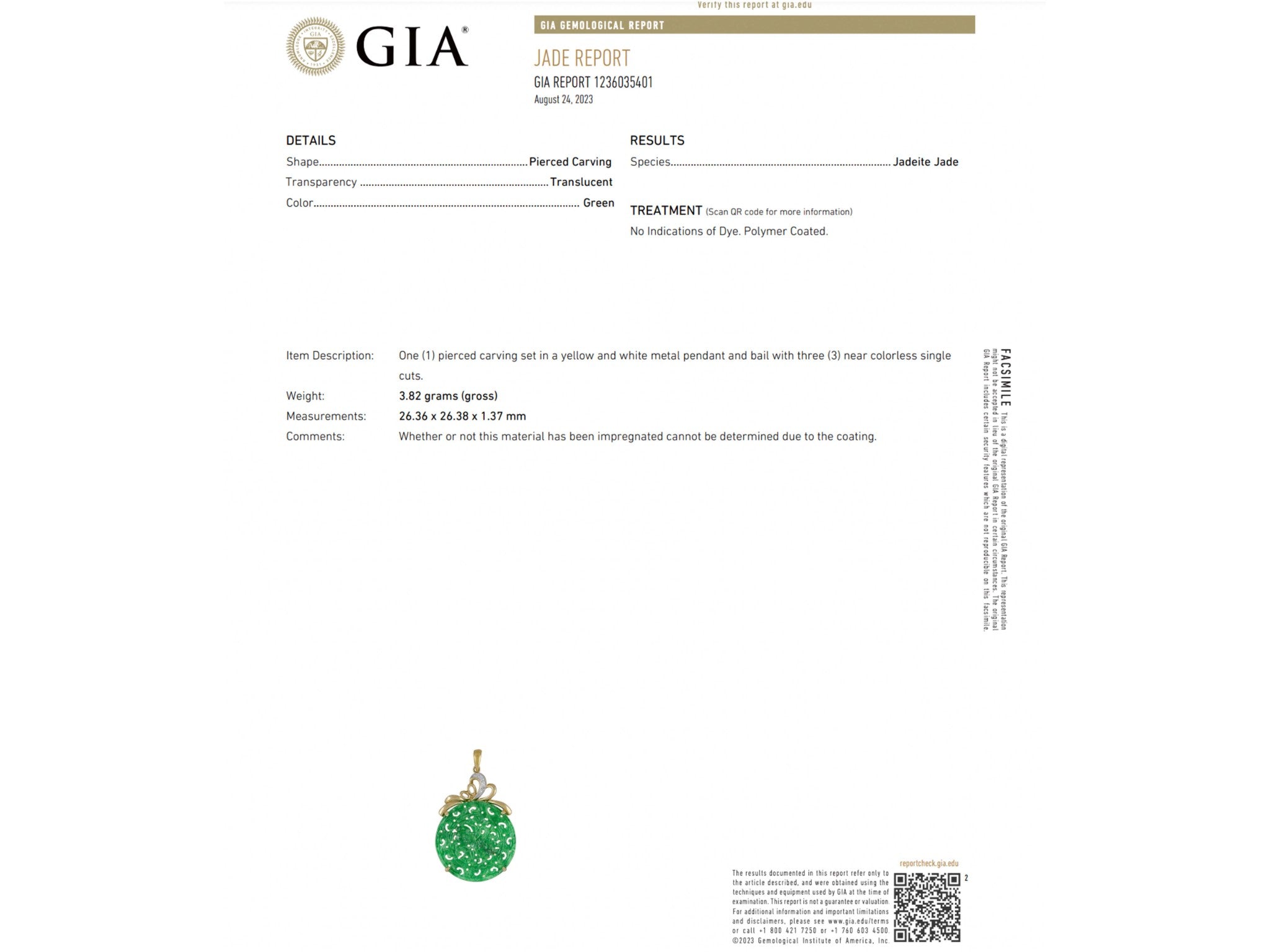 GIA Round Jadeite Jade Pierced Carved Diamond Pendant 14k Yellow Gold