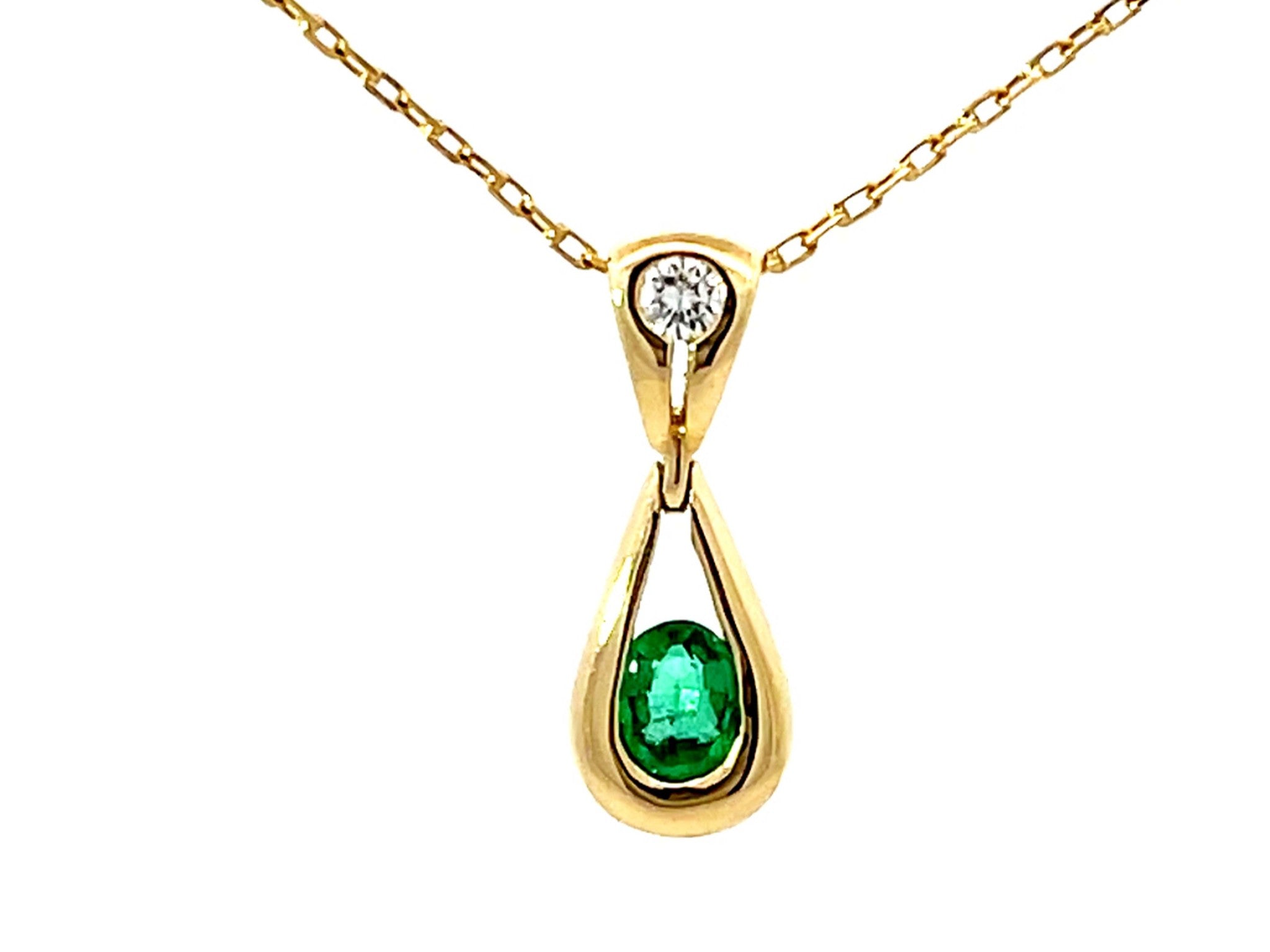 Dangly Emerald Diamond Necklace Solid 18K Yellow Gold