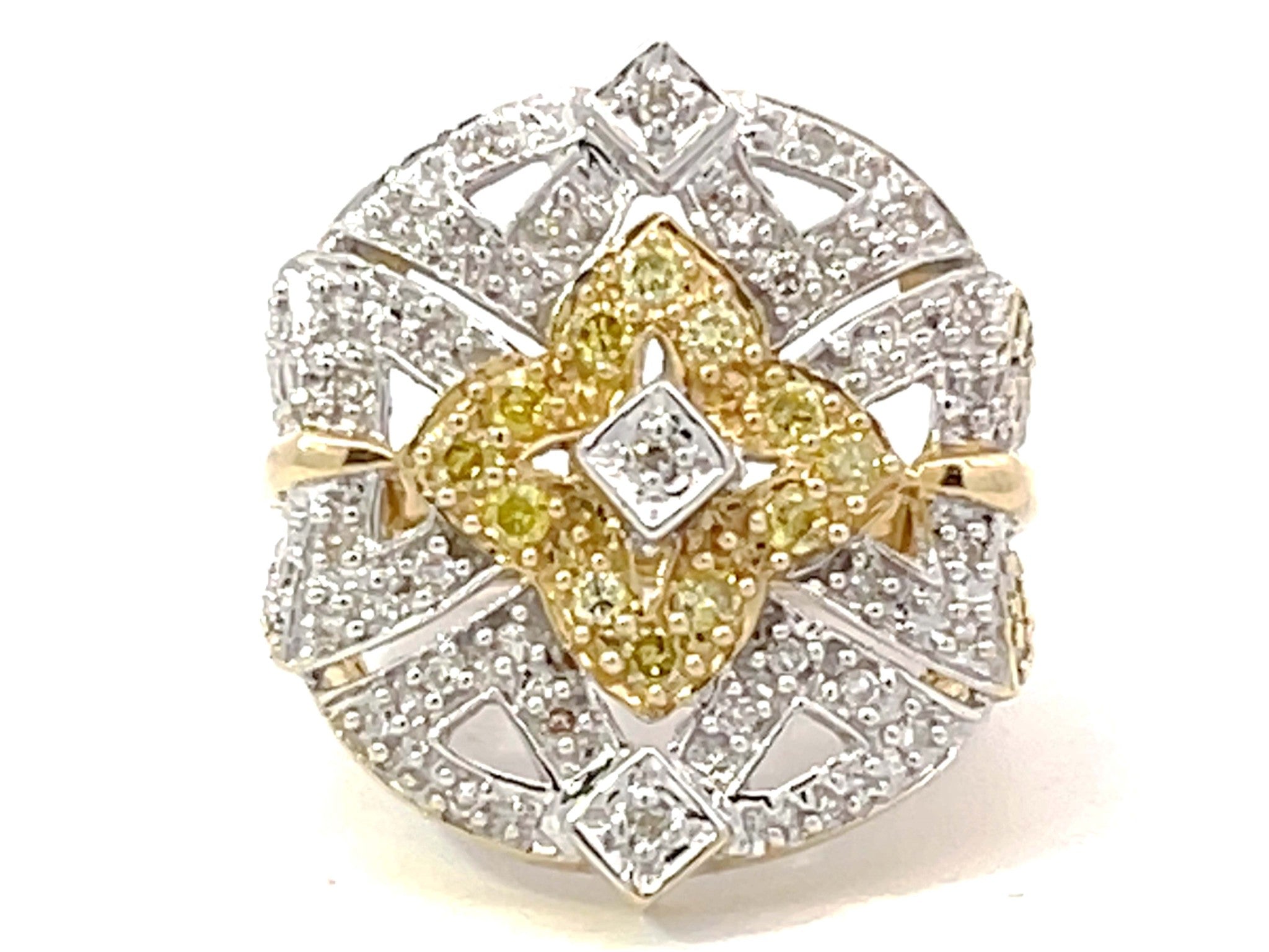 White and Yellow Diamond Geometric Design Ring in 14k Yellow Gold