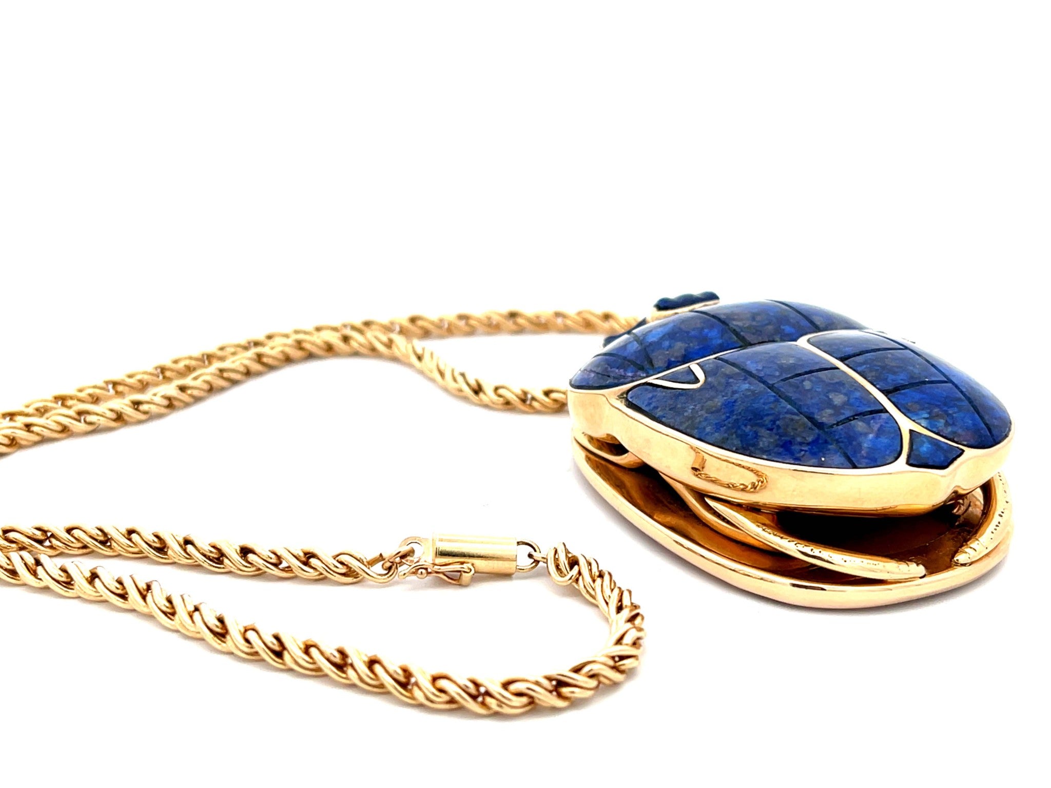 Egyptian Lapis Scarab Beetle Pendant with Woven Chain in 14k Yellow Gold
