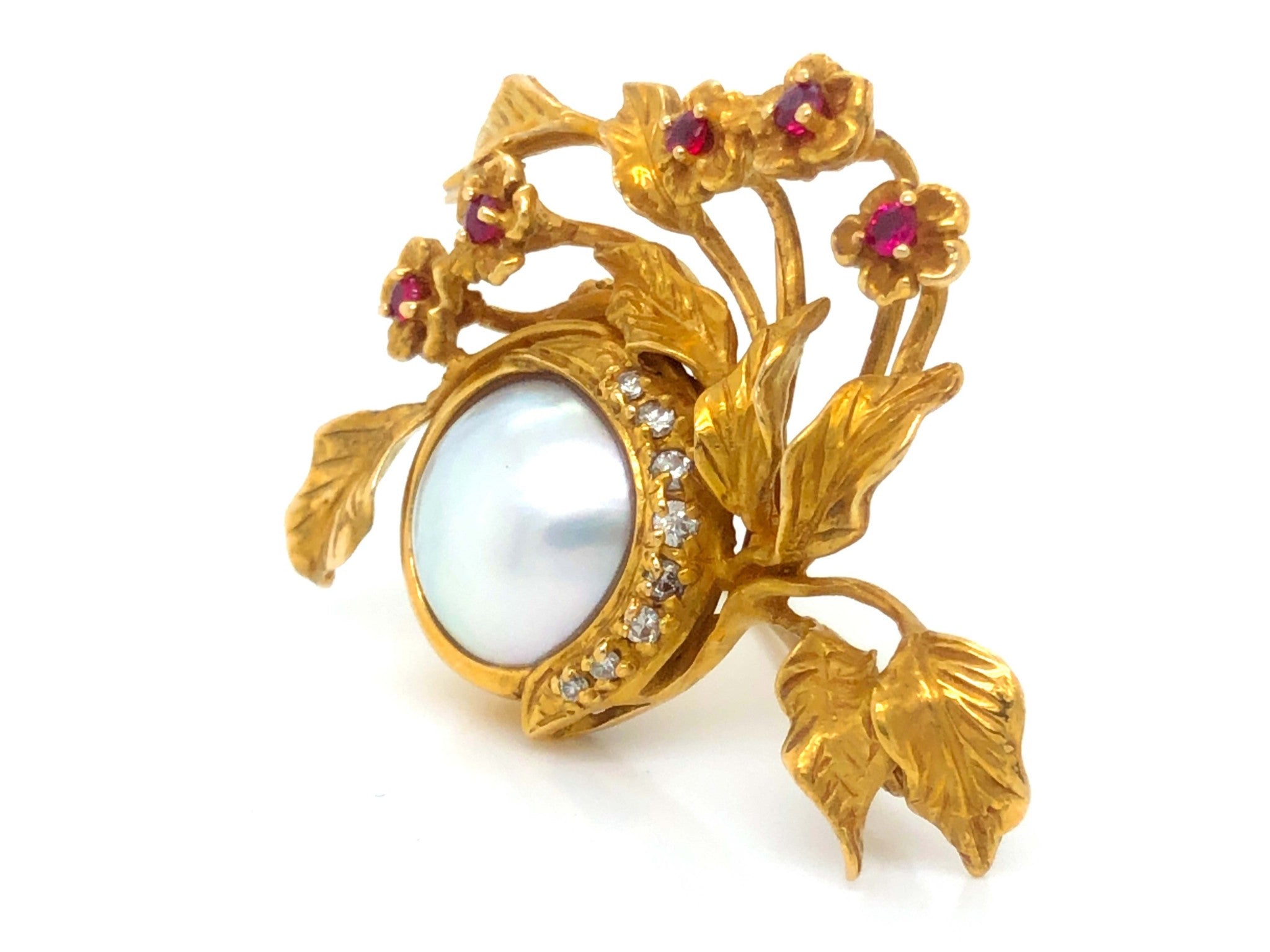 Givenchy Diamond, Ruby and Mabe Pearl Brooch in 14k Yellow Gold