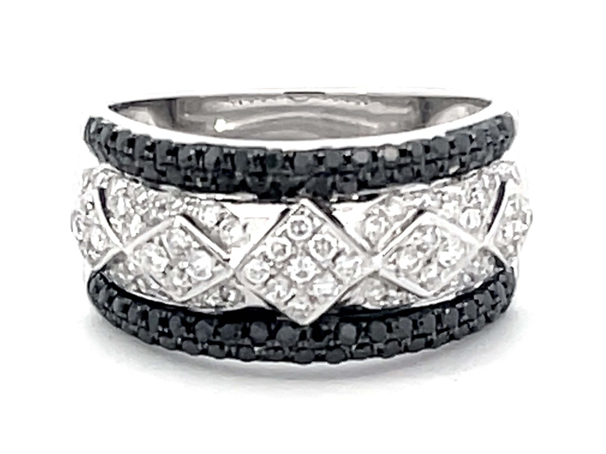 Black and White Diamond Wide Band Ring 18k White Gold