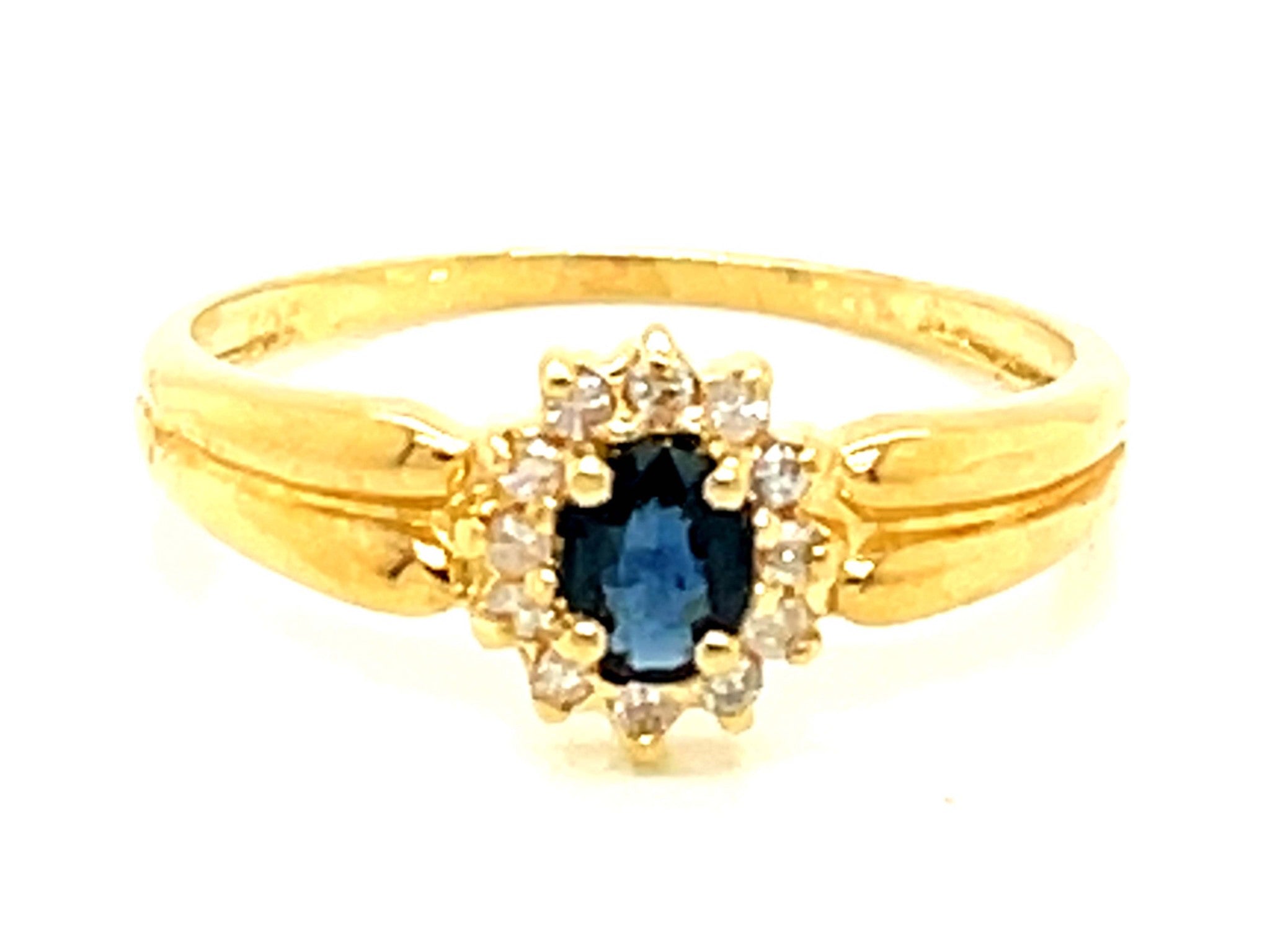 Blue Sapphire Diamond Halo Ring in 14k Yellow Gold