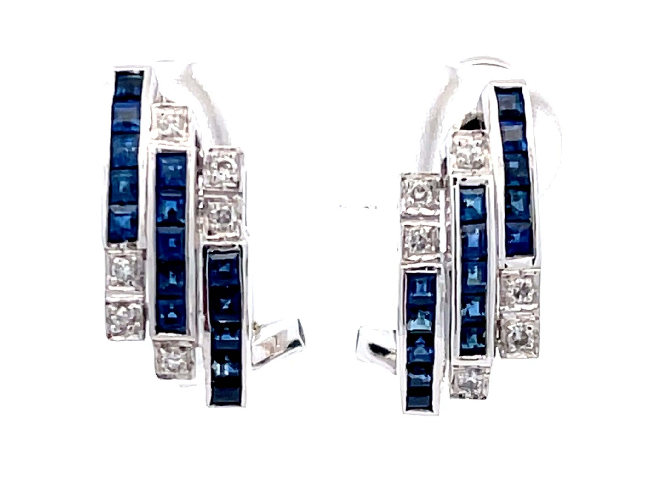 Three Row Sapphire and Diamond Huggie Earrings in 18k White Gold