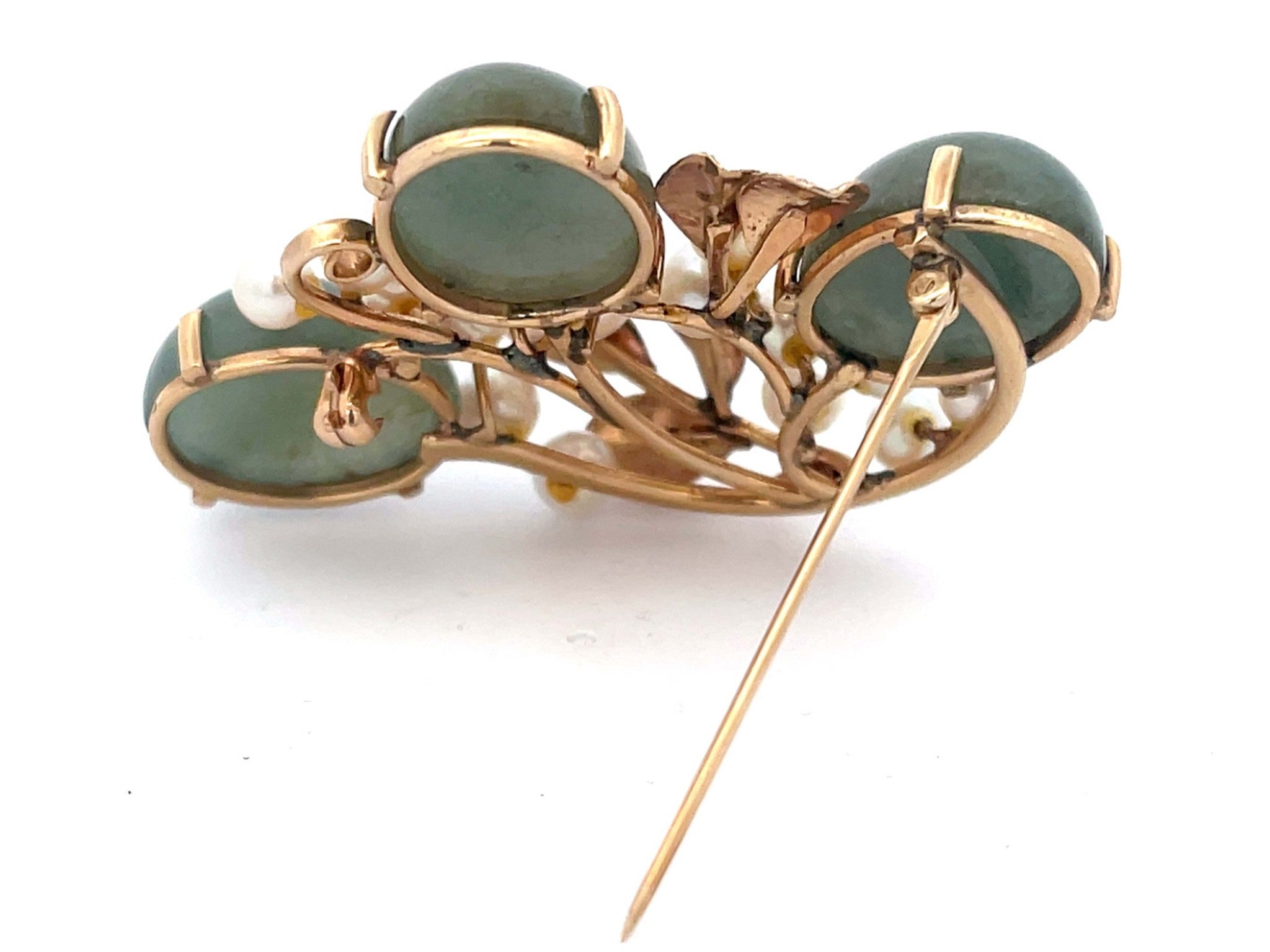 Mings Jade and Pearl Leaf Brooch in 14k Yellow Gold