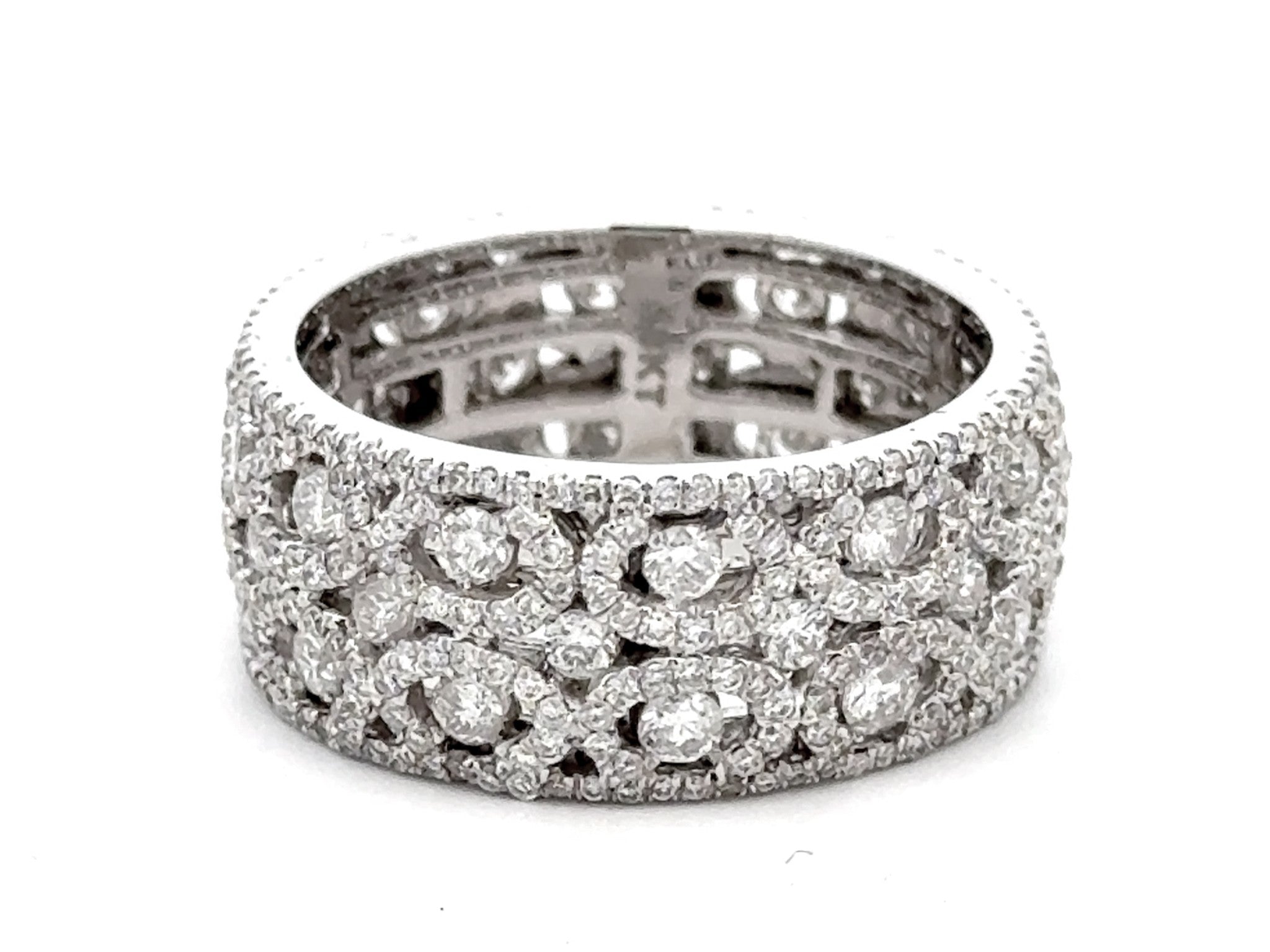 Wide Diamond Band Ring with Diamond Halo Swirls 18k White Gold