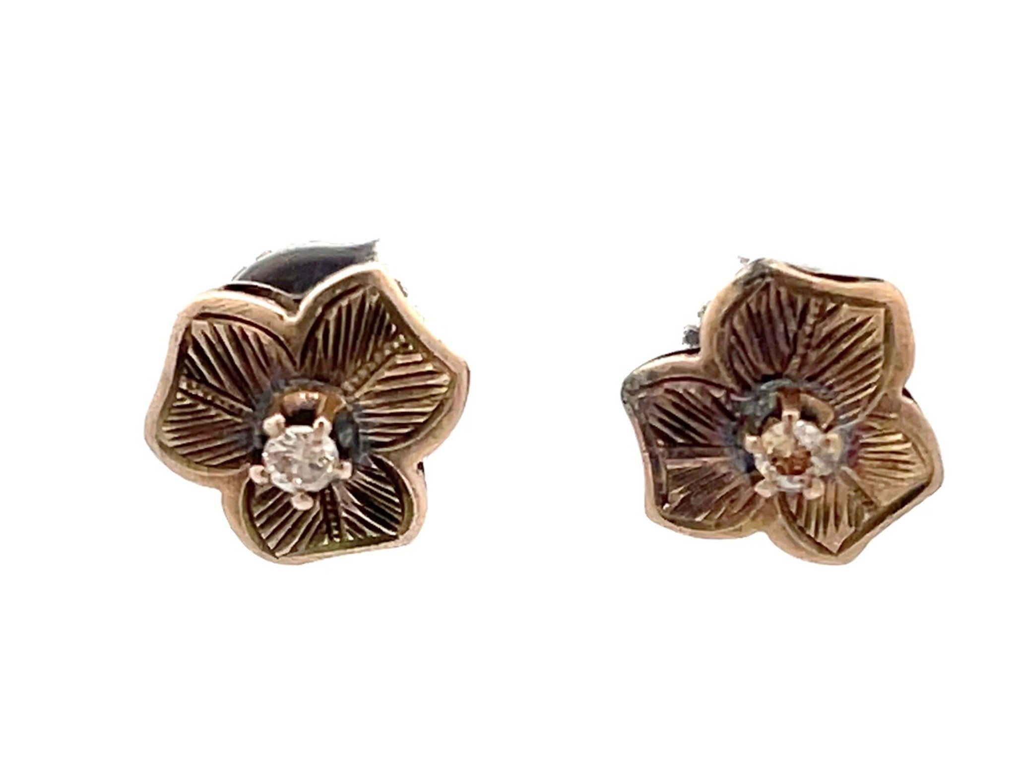 Victorian 3 Petal Floral Diamond Earrings in 14k Chocolate Gold