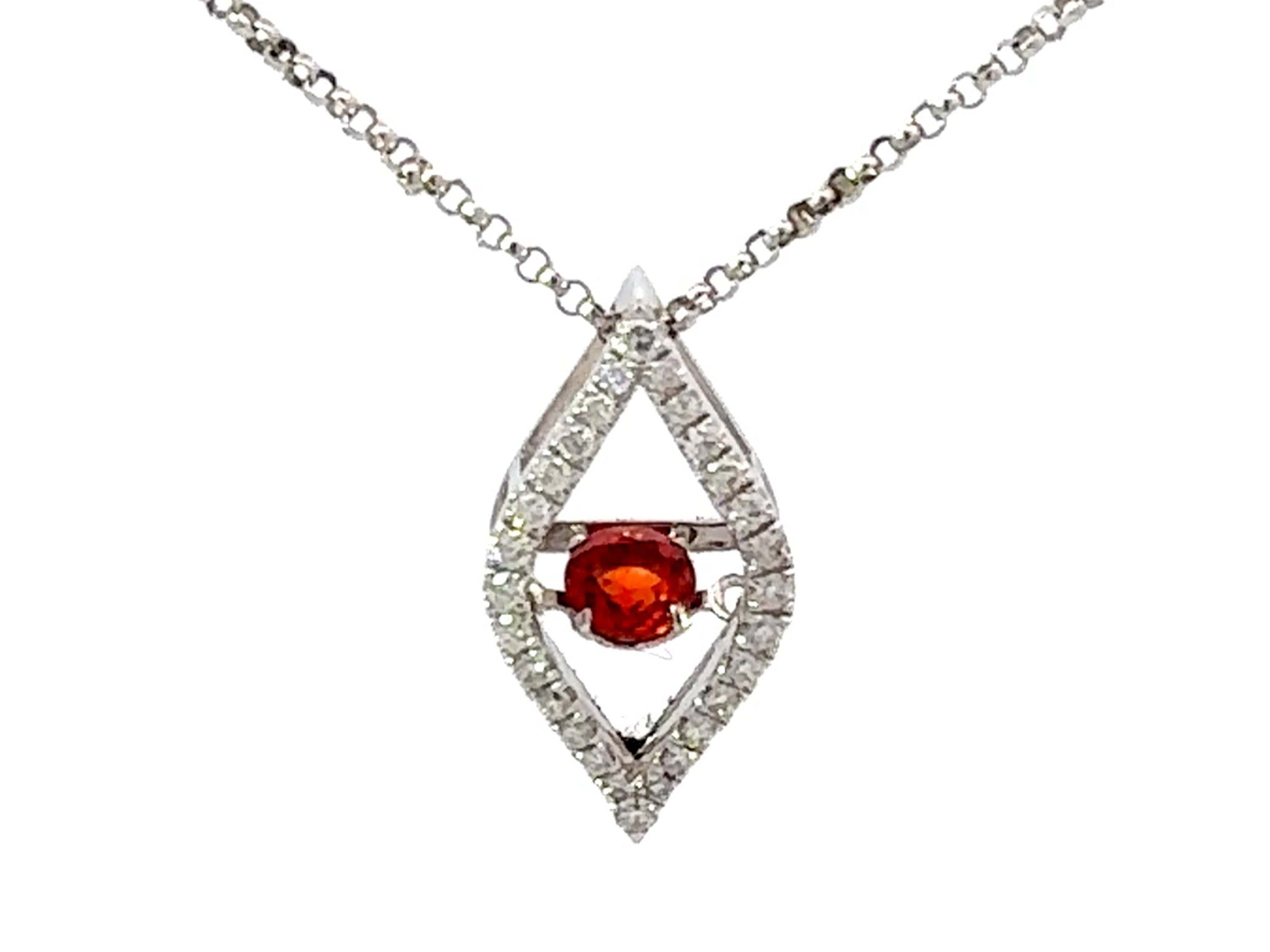 Round Red Orange Garnet Diamond Halo Flame Necklace 18k White Gold