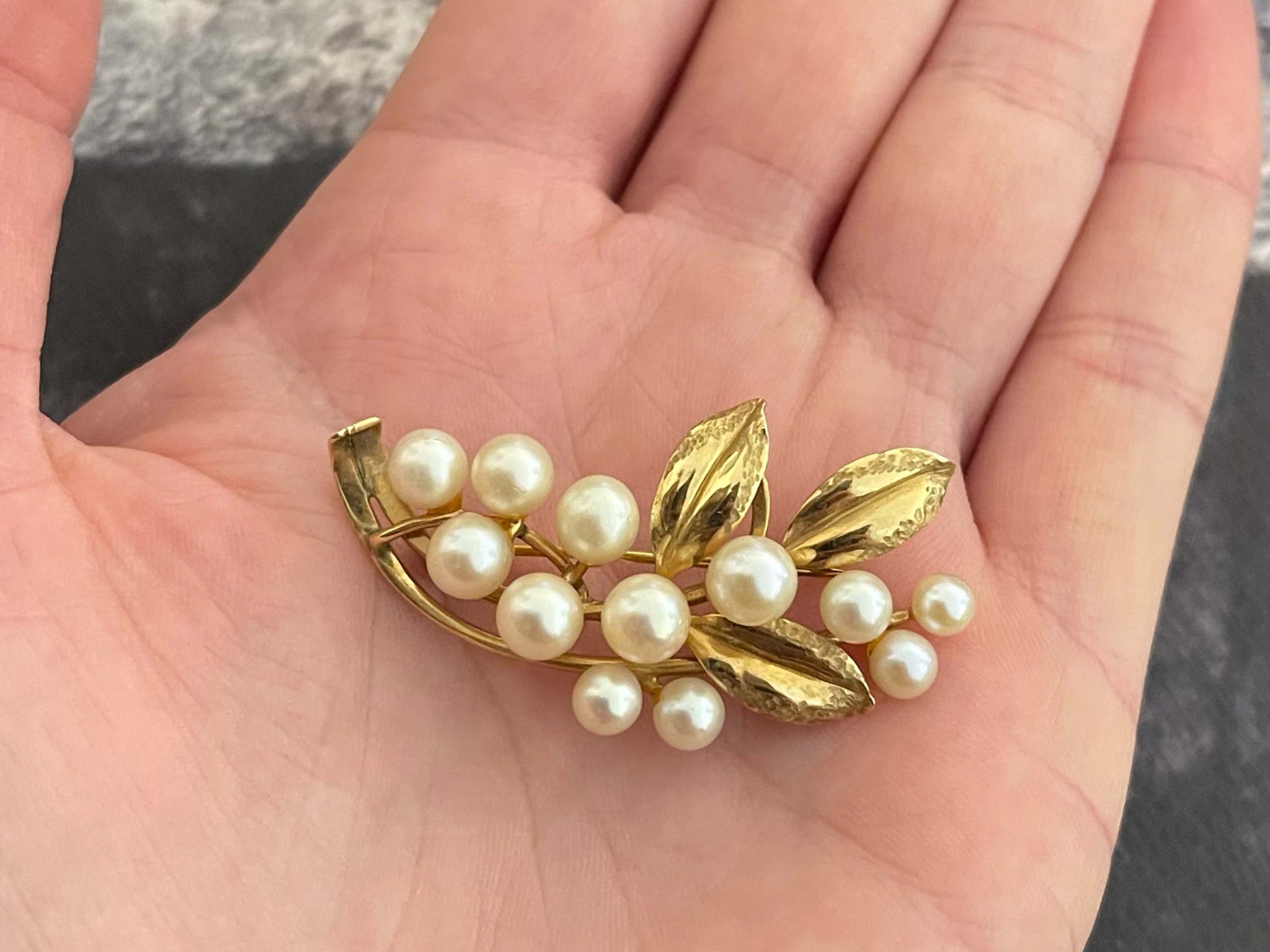 Mings Akoya Pearl and Leaf Branch Brooch in 14k Yellow Gold