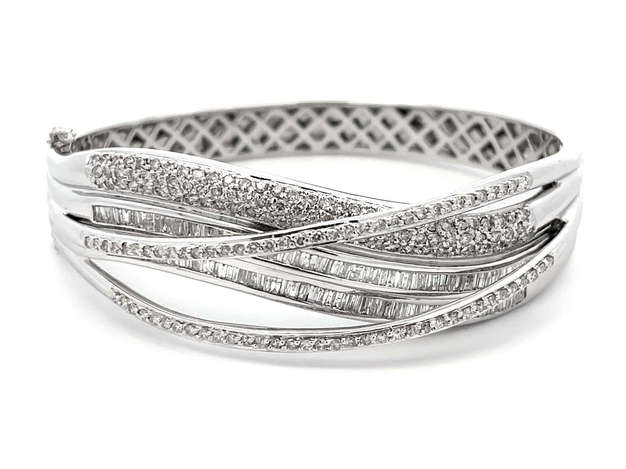 Baguette and Brilliant Cut Diamond Multi Row Hinged Bangle in 18k White Gold