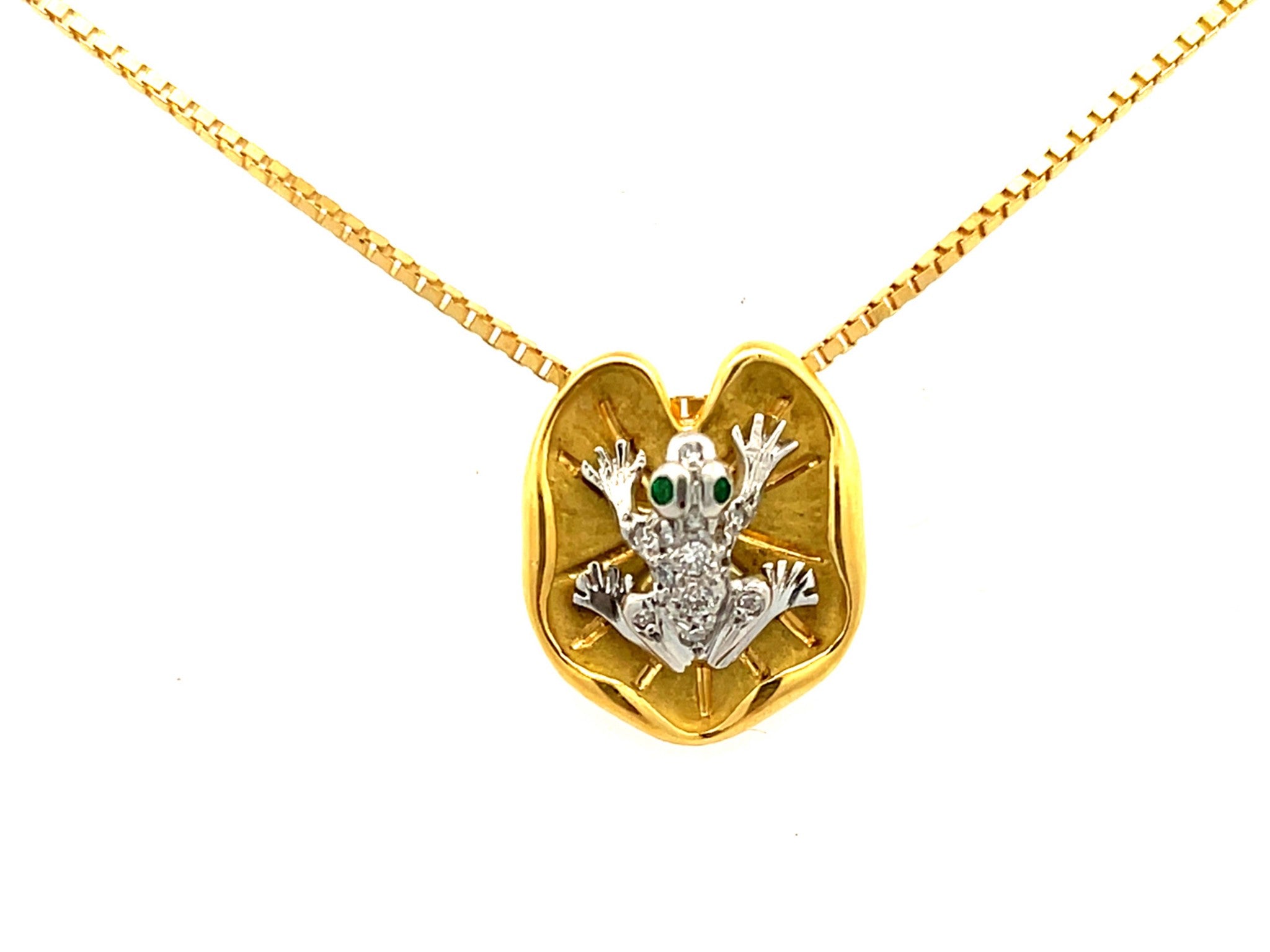 Emerald Eyes & Diamond Frog Necklace on Lily Pad in 18K Yellow Gold and Platinum