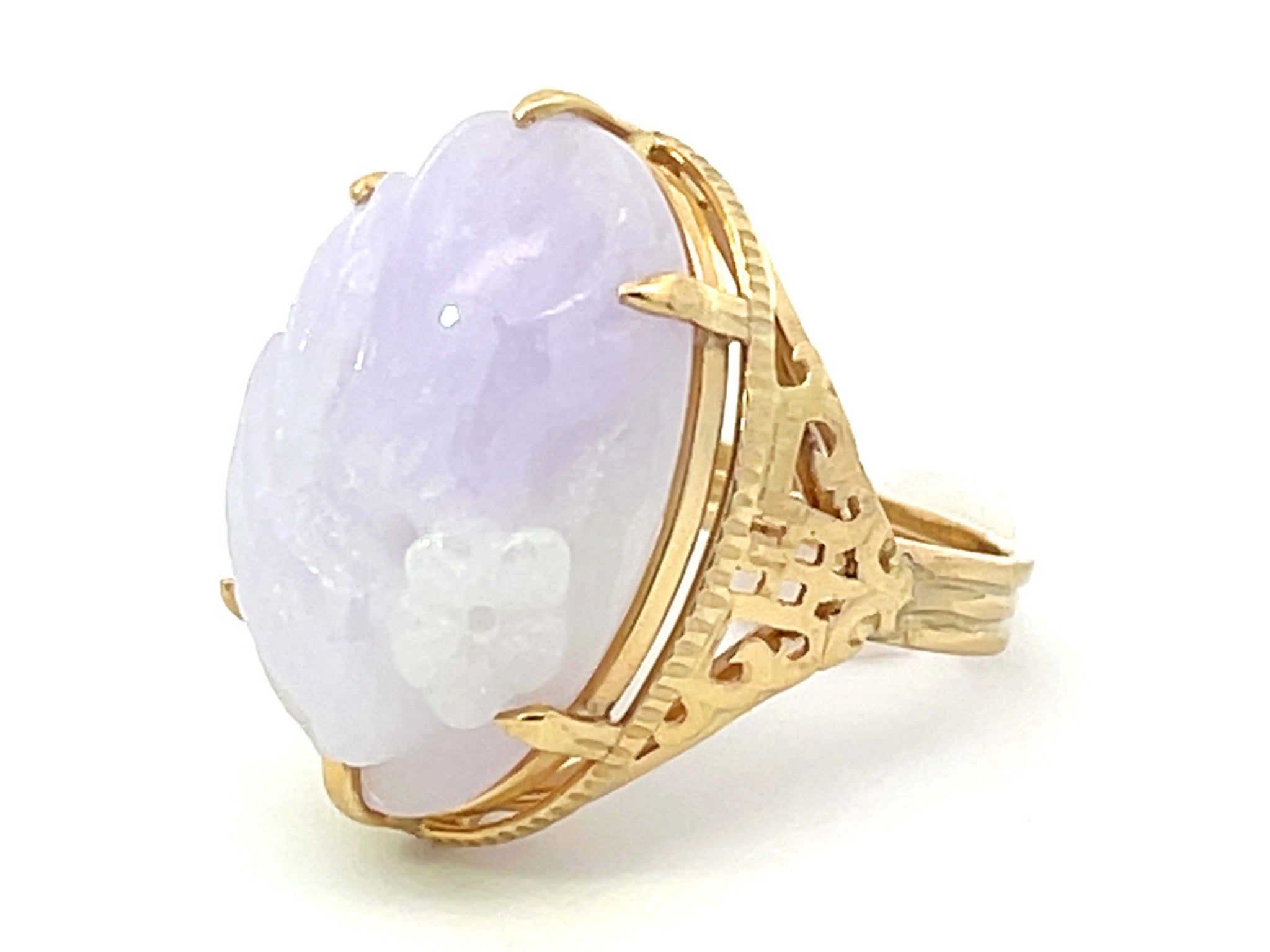 Mings Bird and Flower Carved Lavender Jade Ring 14k Yellow Gold