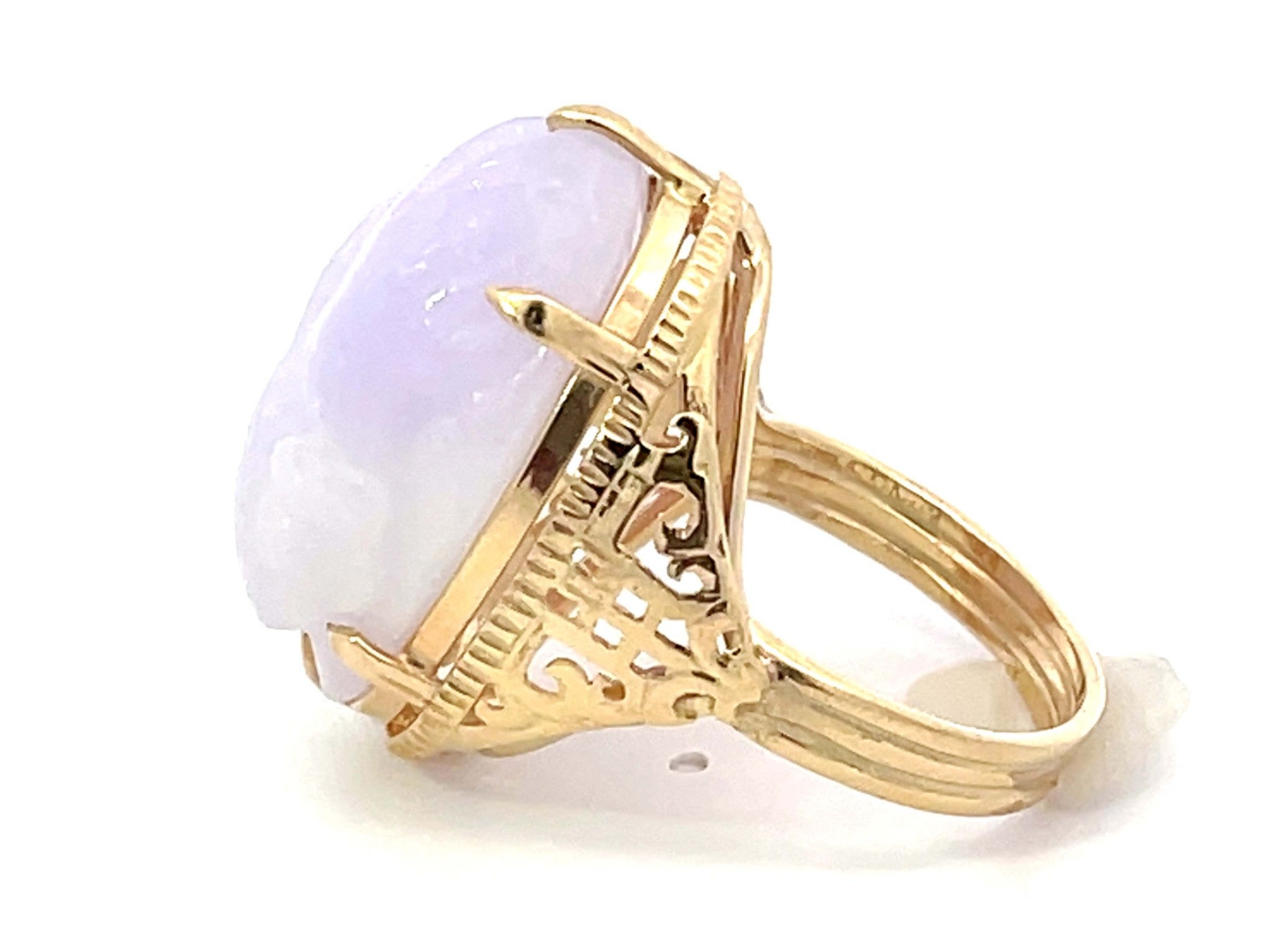Mings Bird and Flower Carved Lavender Jade Ring 14k Yellow Gold