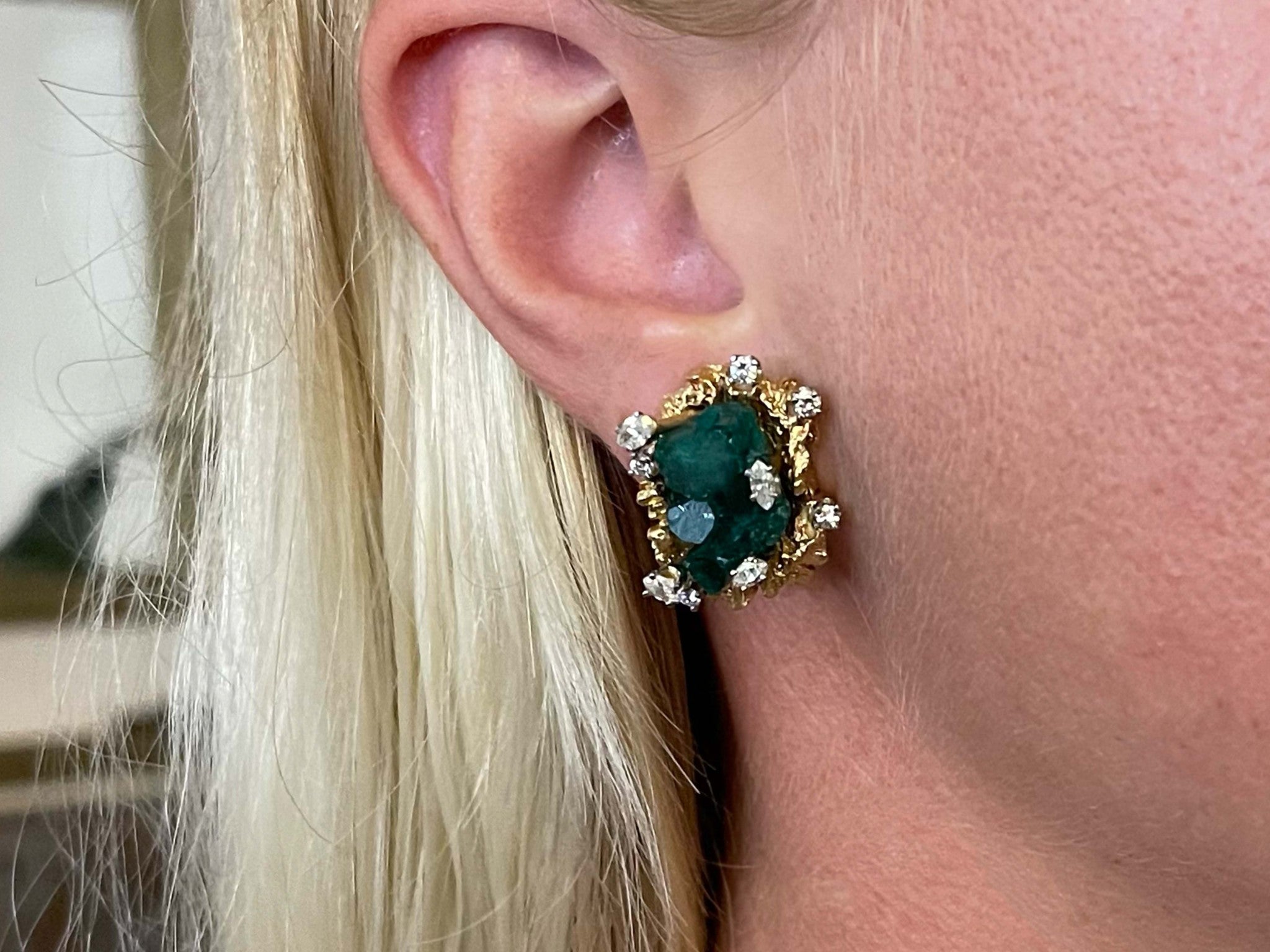 Freeform Chatham Emerald Diamond Gold Earrings