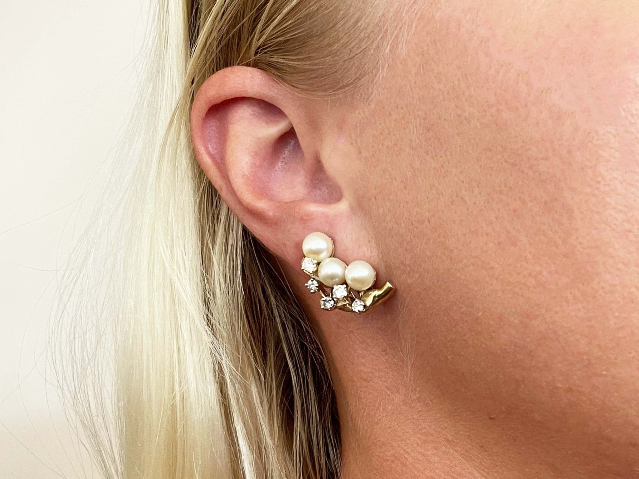 Pearl and Diamond Leaf Branch Earrings in 14K Yellow Gold