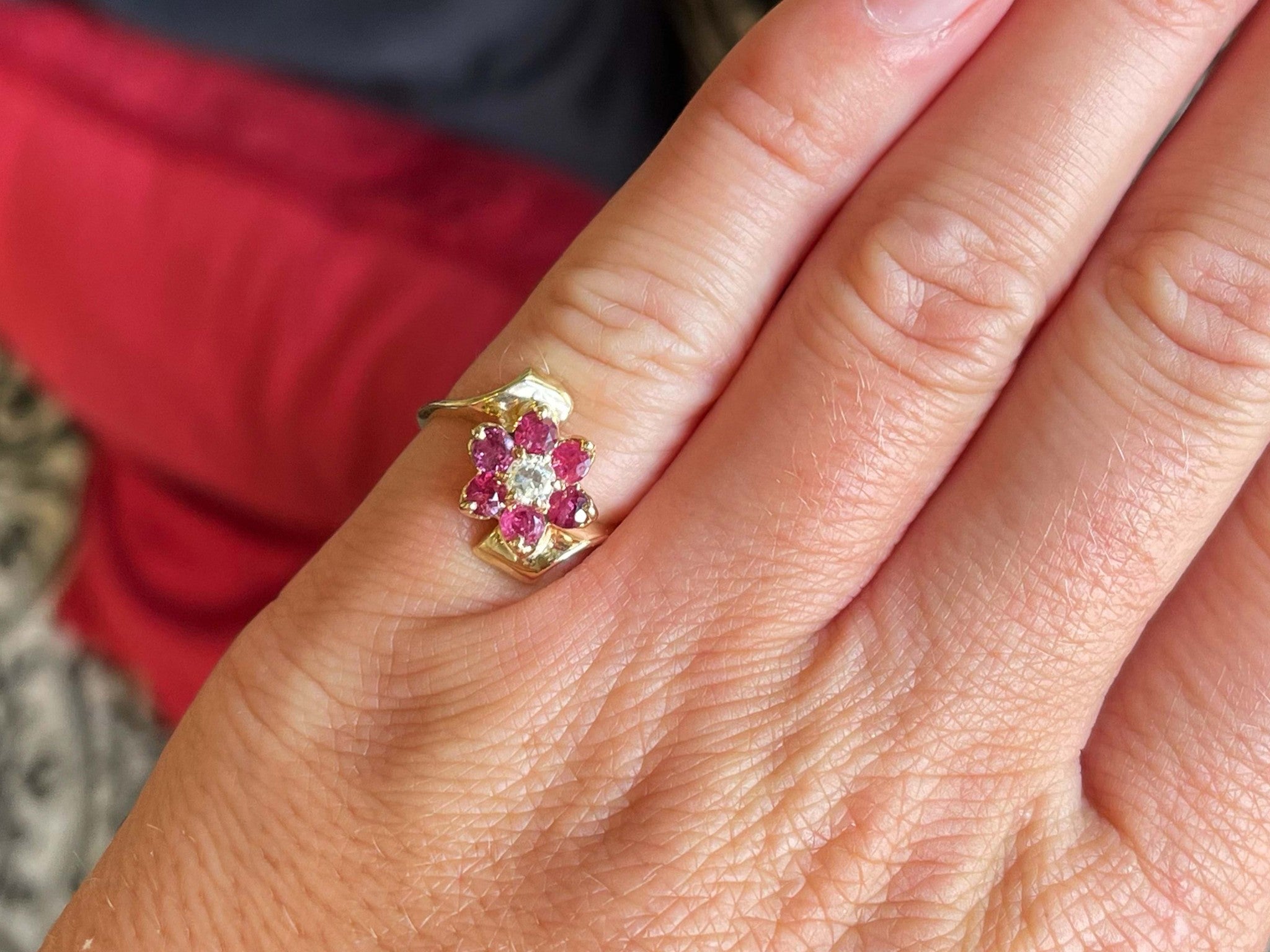 Ruby Flower and Diamond Center Ring in 14k Yellow Gold