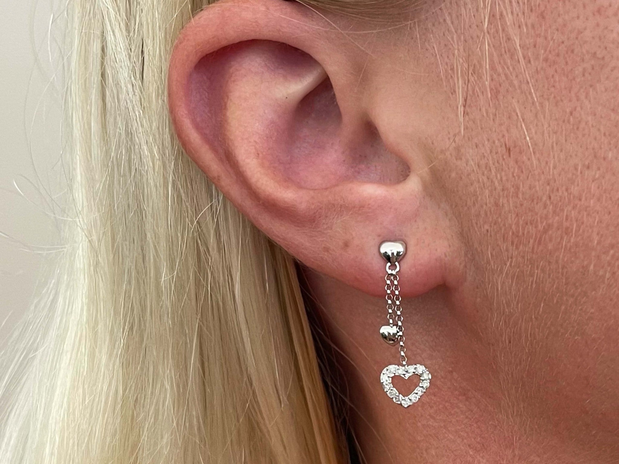 Dangly Diamond Heart Solid White Gold Earrings