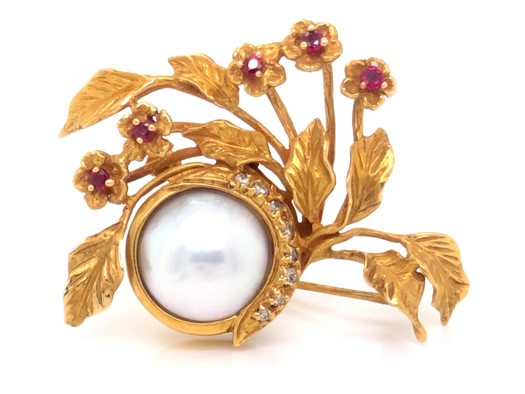 Vintage Givenchy Diamond, Ruby and Mabe Pearl Brooch in 14k Yellow Gold