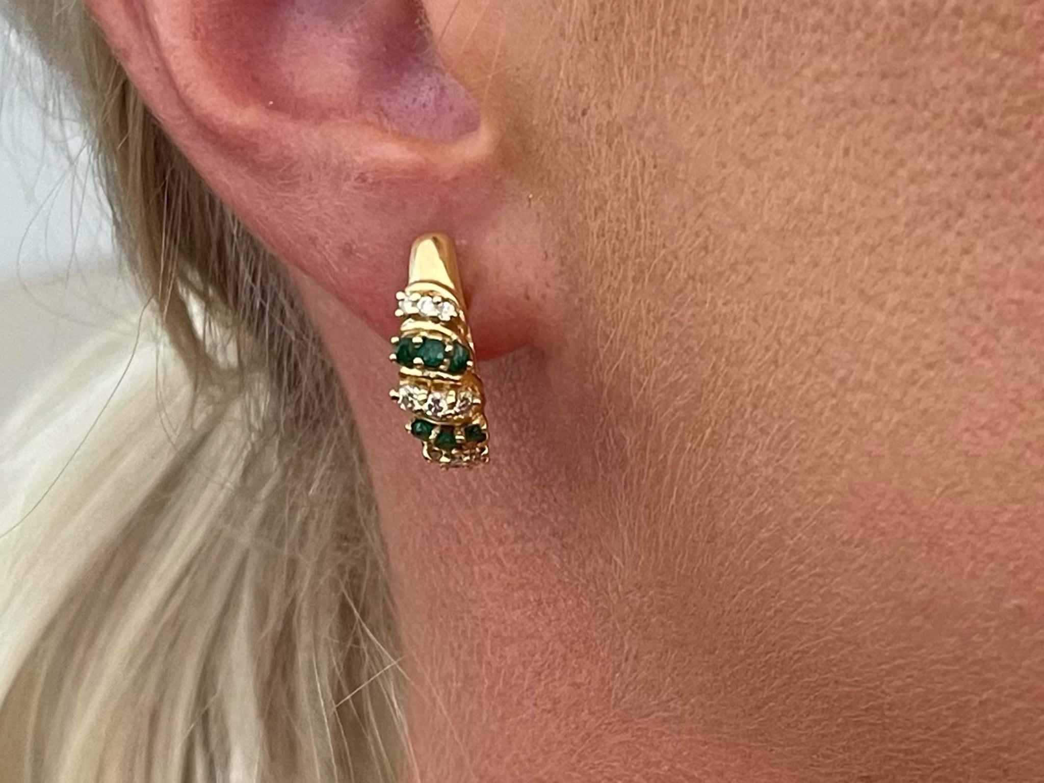 Emerald Diamond Huggie Earrings in 14k Yellow Gold