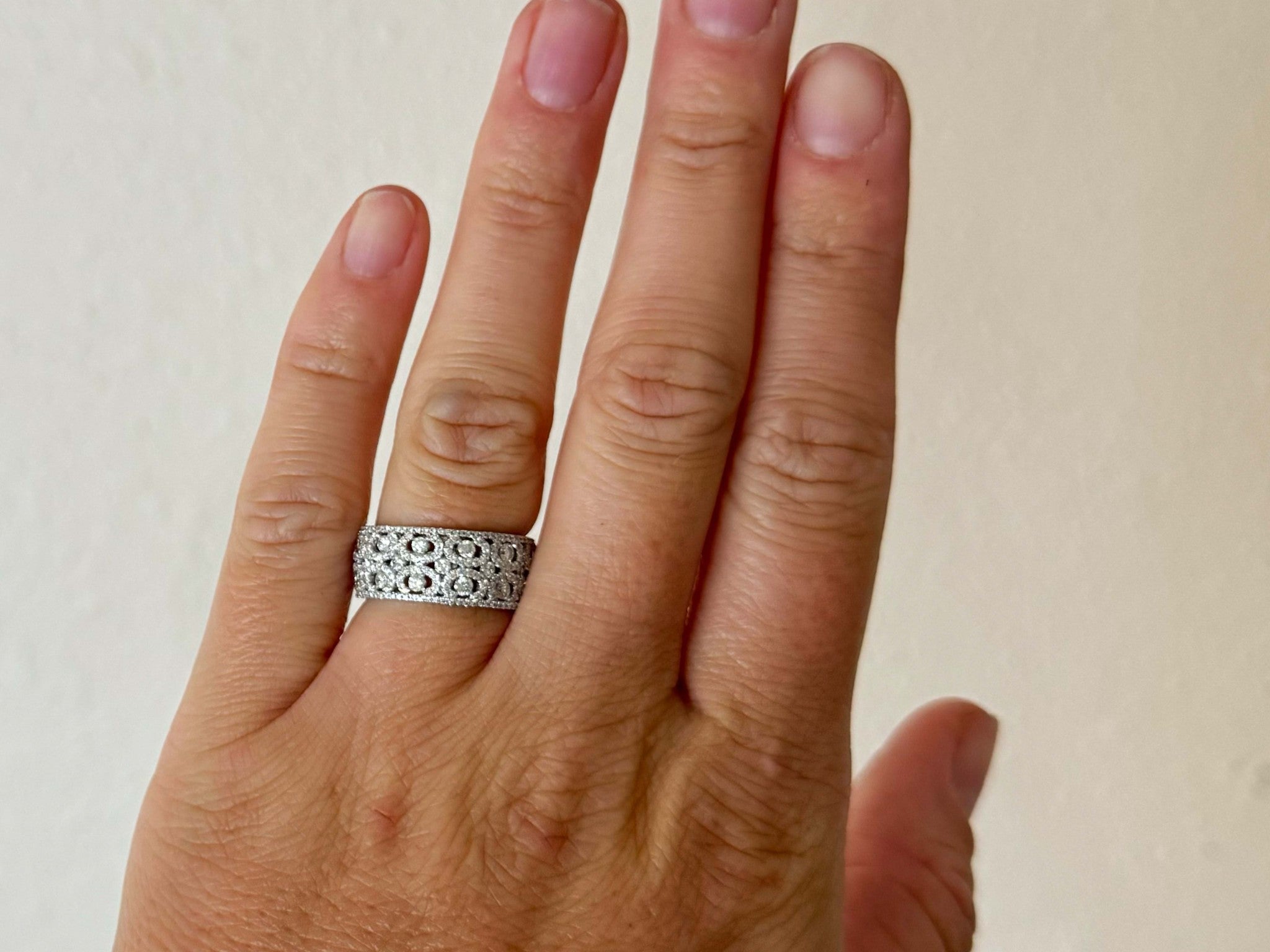 Wide Diamond Band Ring with Diamond Halo Swirls 18k White Gold