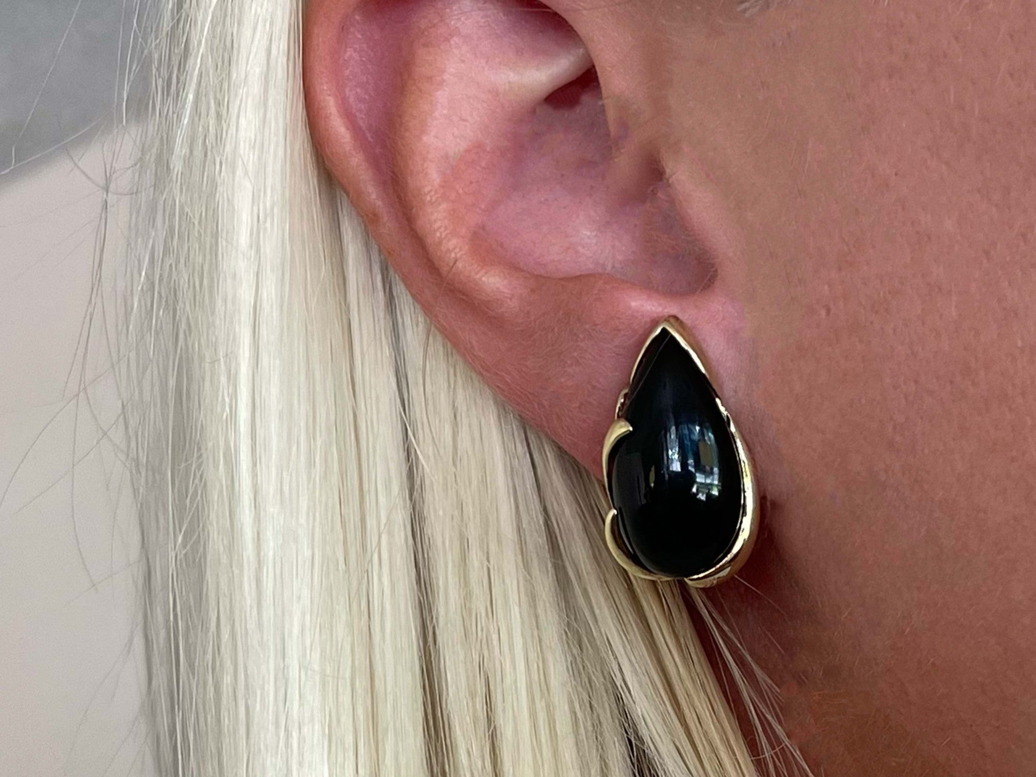 Pear Shaped Black Onyx Earrings in 14k Yellow Gold