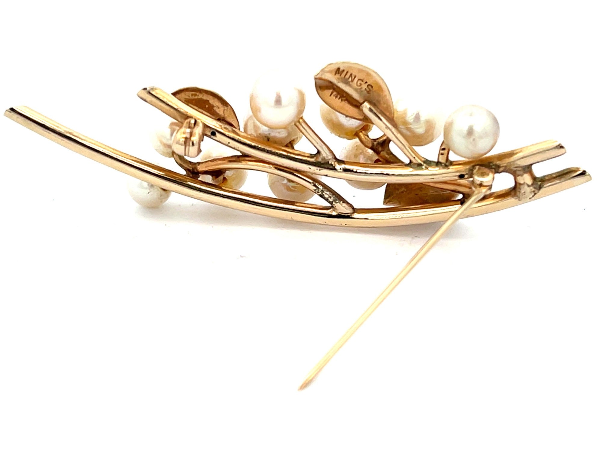 Mings Pearls and Leaves on a Branch Brooch in 14k Yellow Gold