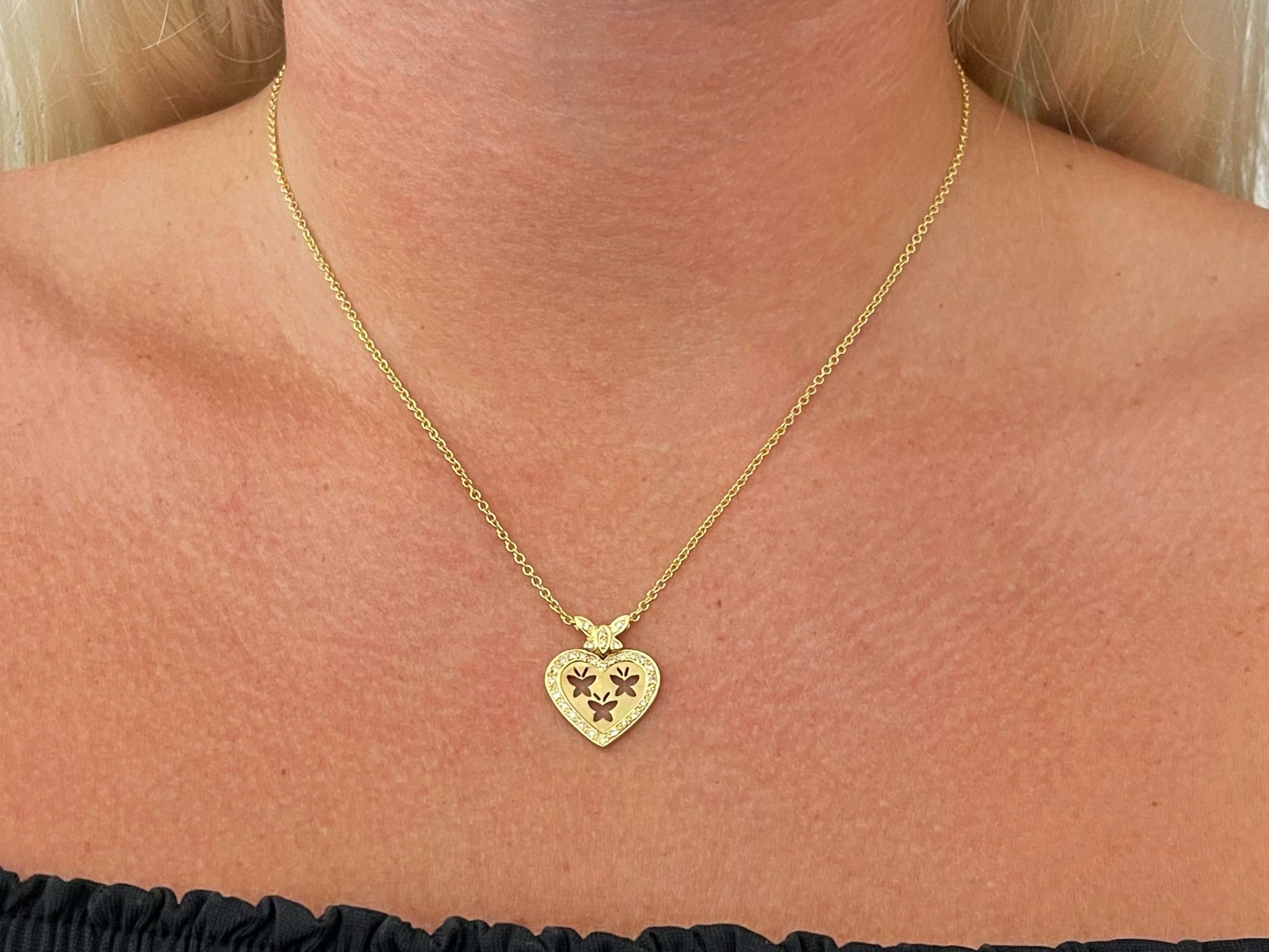 Diamond Butterfly Heart Necklace in 18k Yellow Gold
