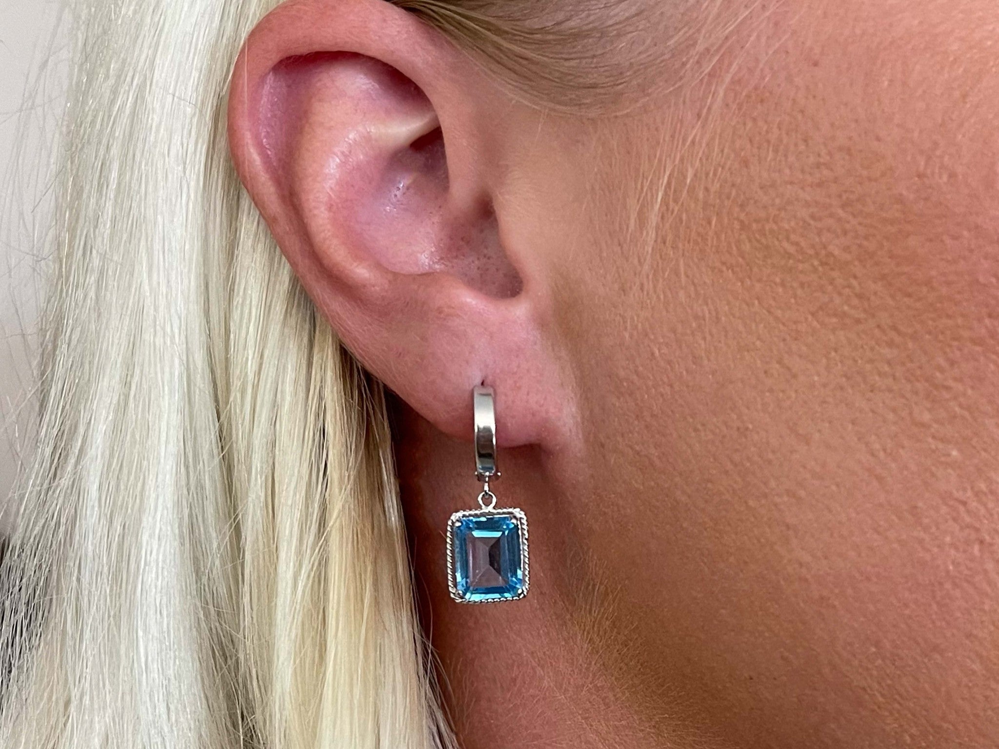 Blue Emerald Cut Topaz Drop Hoop Earrings in 14K White Gold