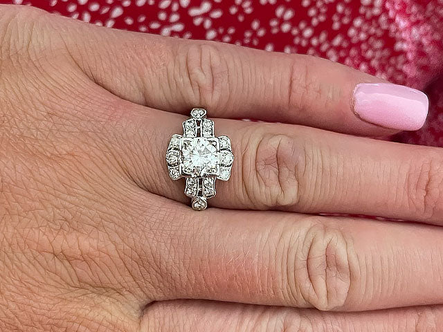 Art Deco Diamond Engagement Ring- 18k White Gold, 1.34 Carats