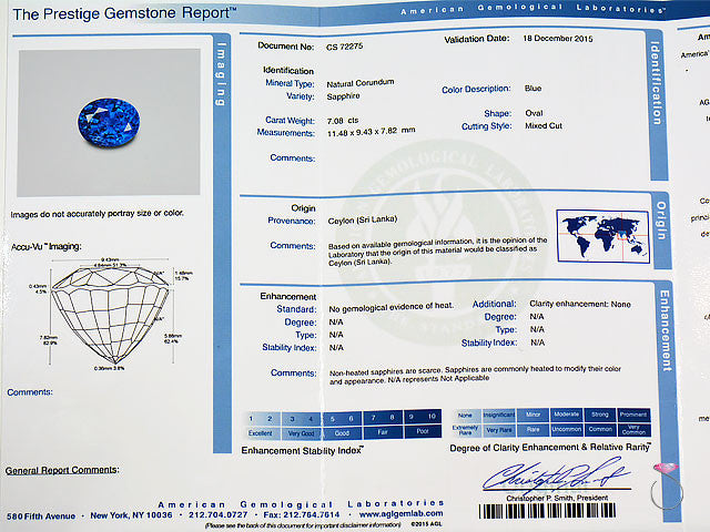 Natural 7.08ct Blue Ceylon Sri Lanka Sapphire AGL certification