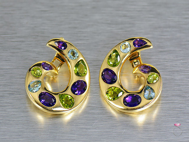 Gold Earrings,Chanel Multi Gem Aquamarine Amethyst Peridot Curl Earrings in 18K